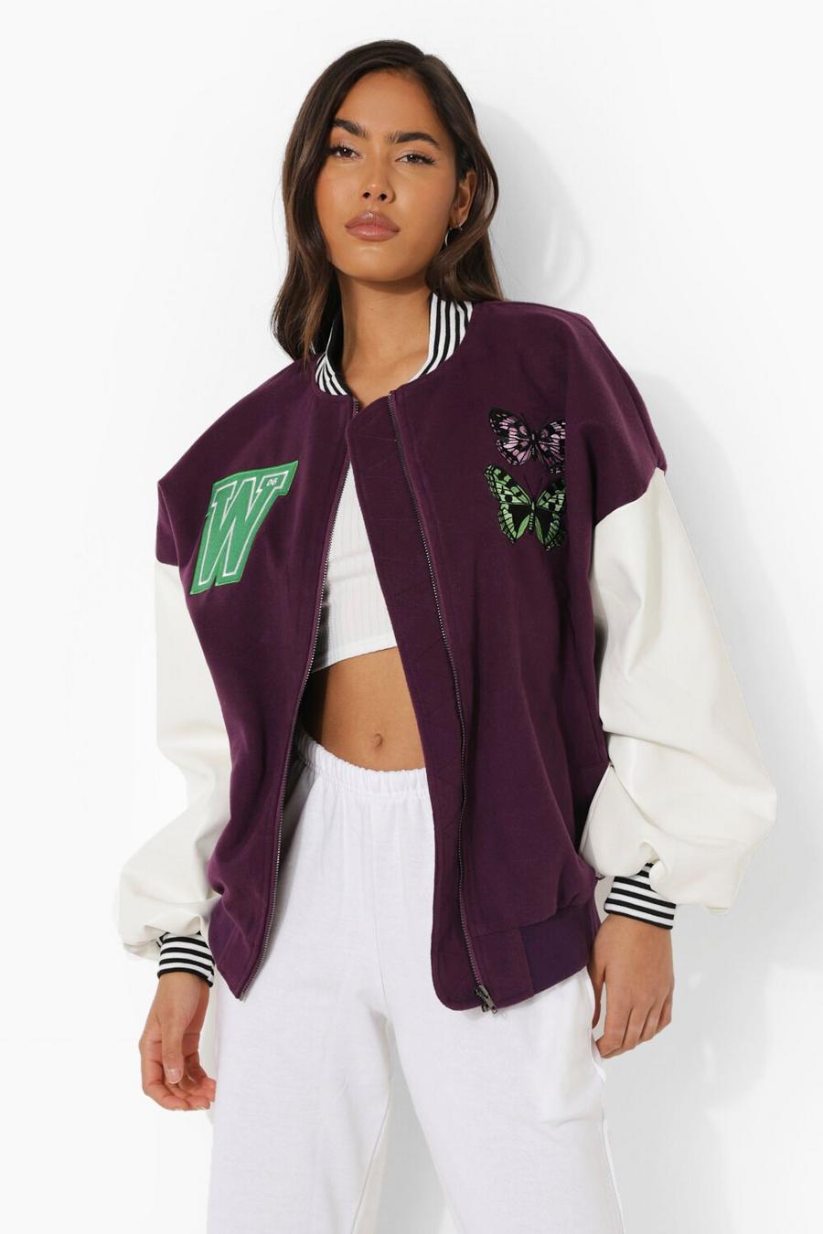 Purple Butterfly Embroidered Varsity Bomber Jacket image number 1