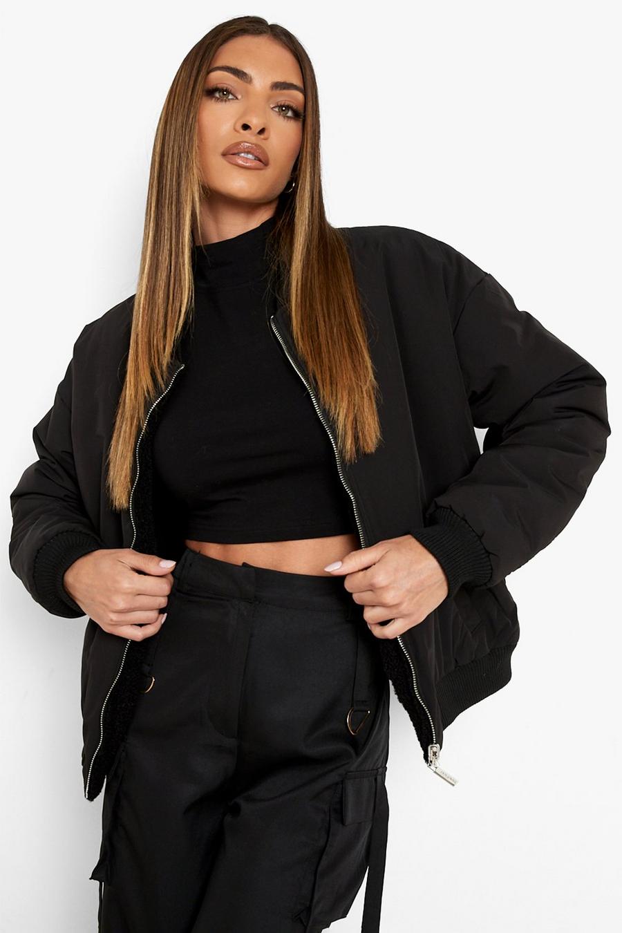 Black Reversible Faux Fur Quilted Bomber image number 1