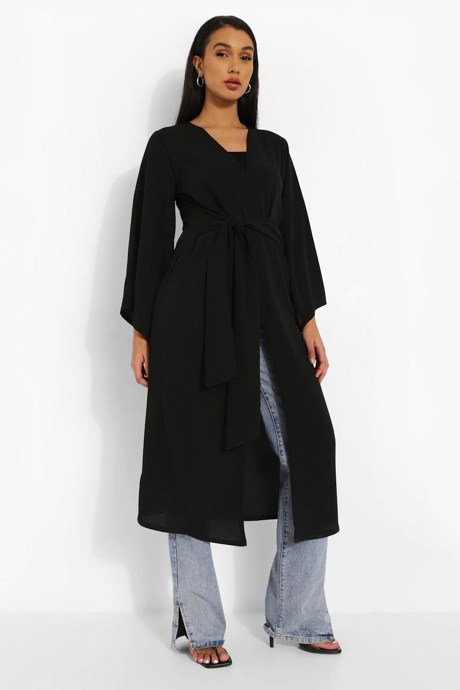 Black Wide Sleeve Woven Maxi Kimono image number 1
