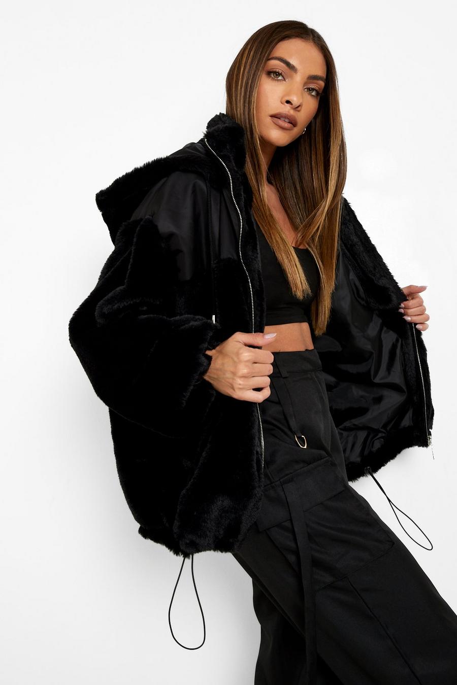 Black Fabric Mix Faux Fur Oversized Jacket