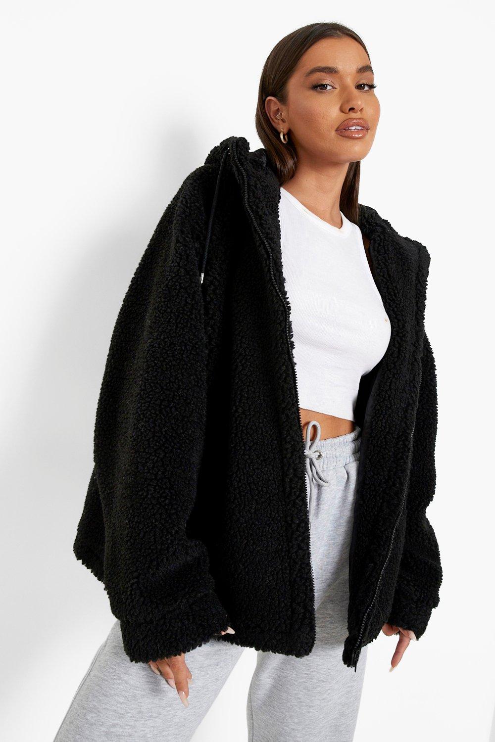 Oversized black cheap teddy coat