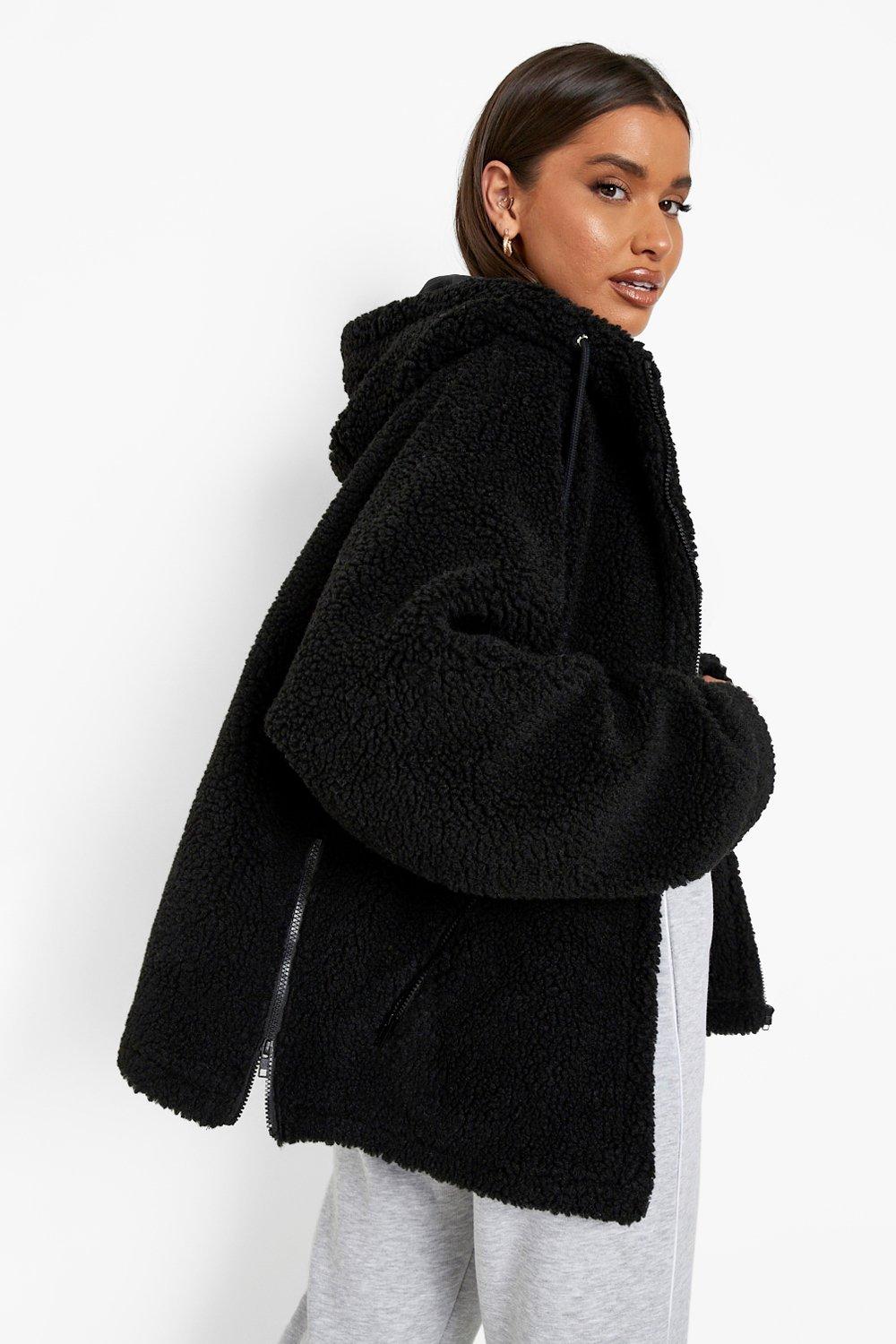 Contrast hood 2024 plush teddy coat