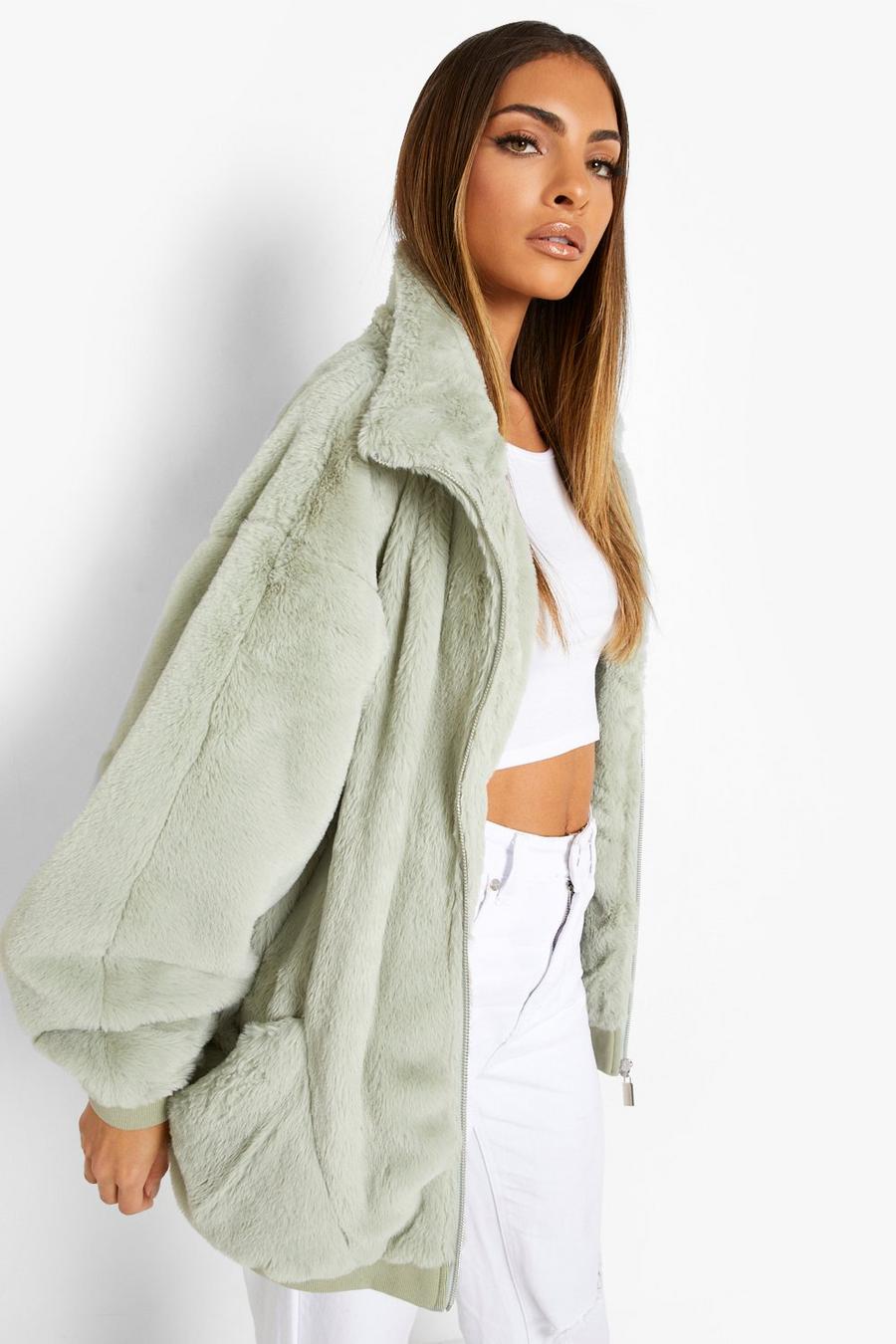 Sage green Oversized Pocket Detail Faux Fur Jacket