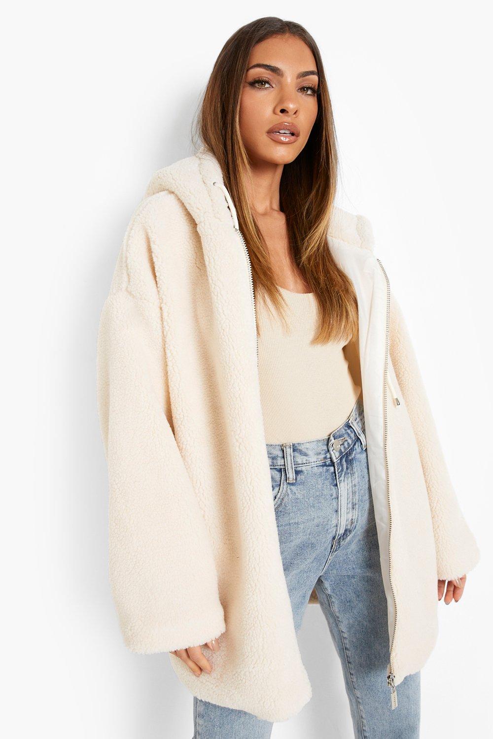 Open front faux hot sale fur hooded teddy coat