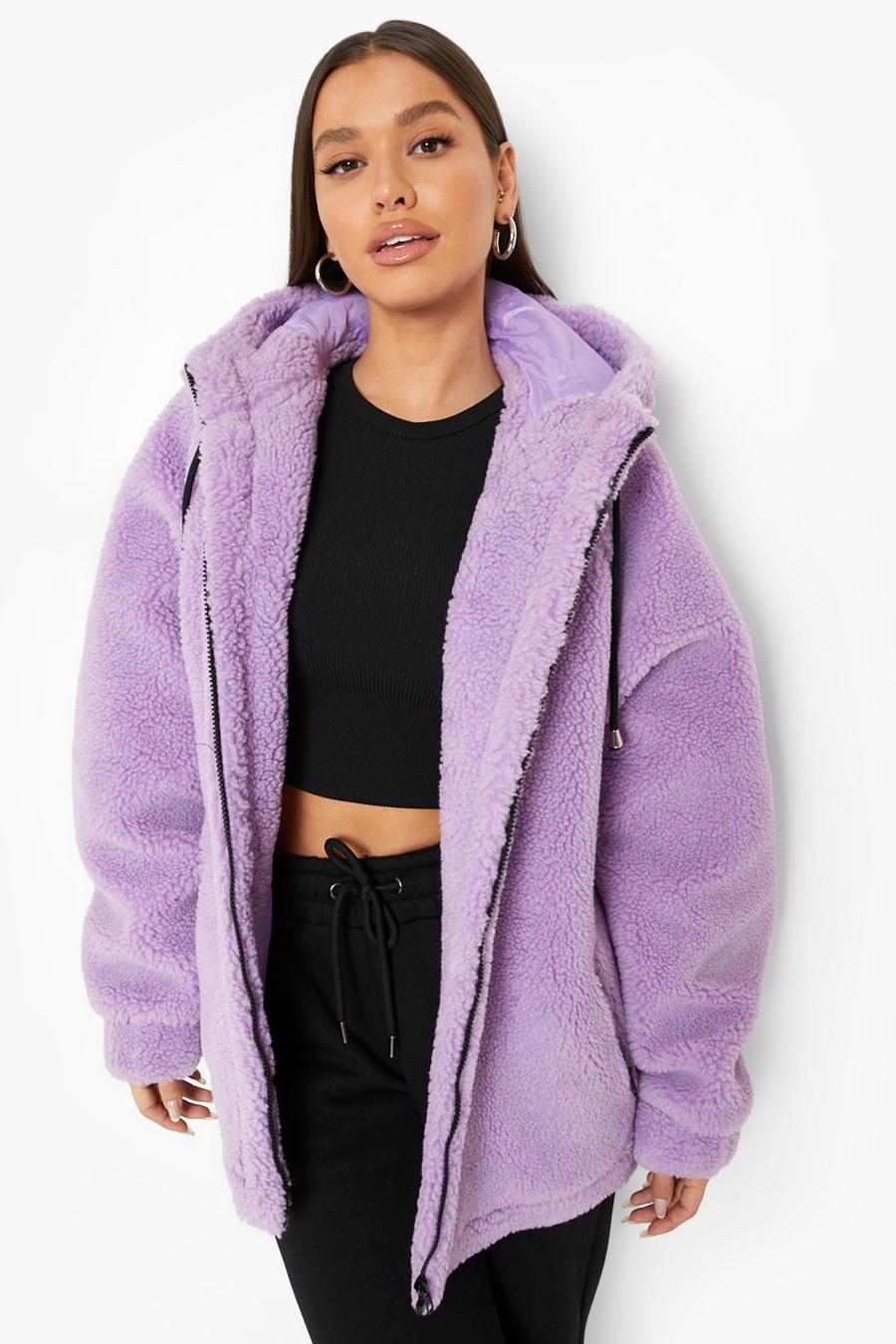 Lilac Oversized Contrast Detail Teddy Jacket image number 1