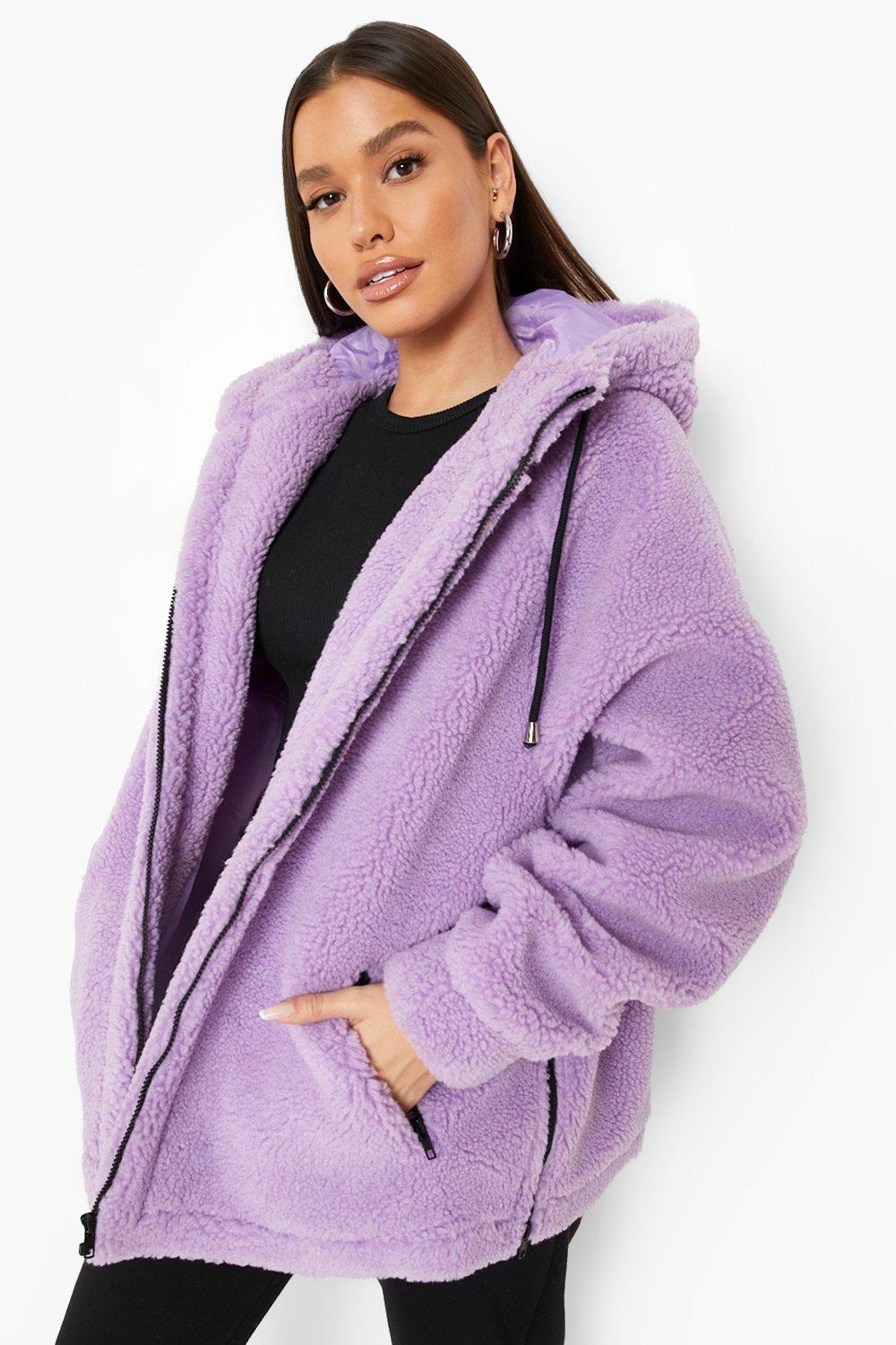 Womens Clothing Jackets Fur jackets Boohoo Oversized Funnel Neck Teddy Faux Fur Jacket in Lilac Purple 