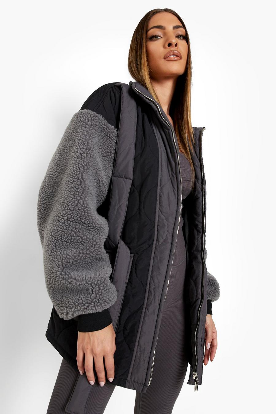 Charcoal Quilted Teddy Panelled Jacket image number 1