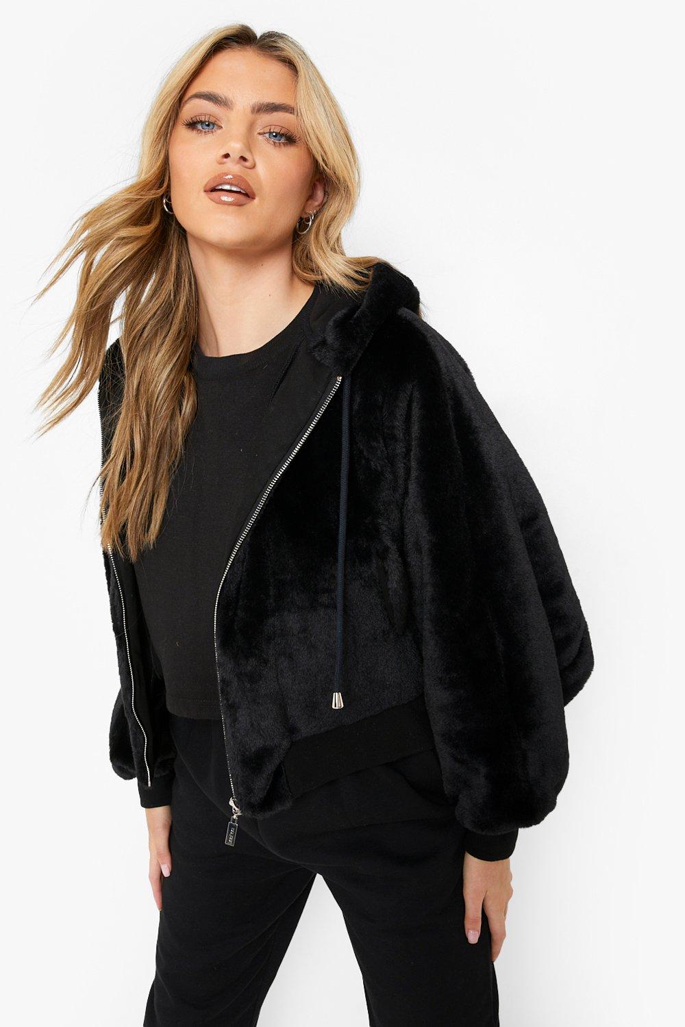 womens black faux fur bomber jacket