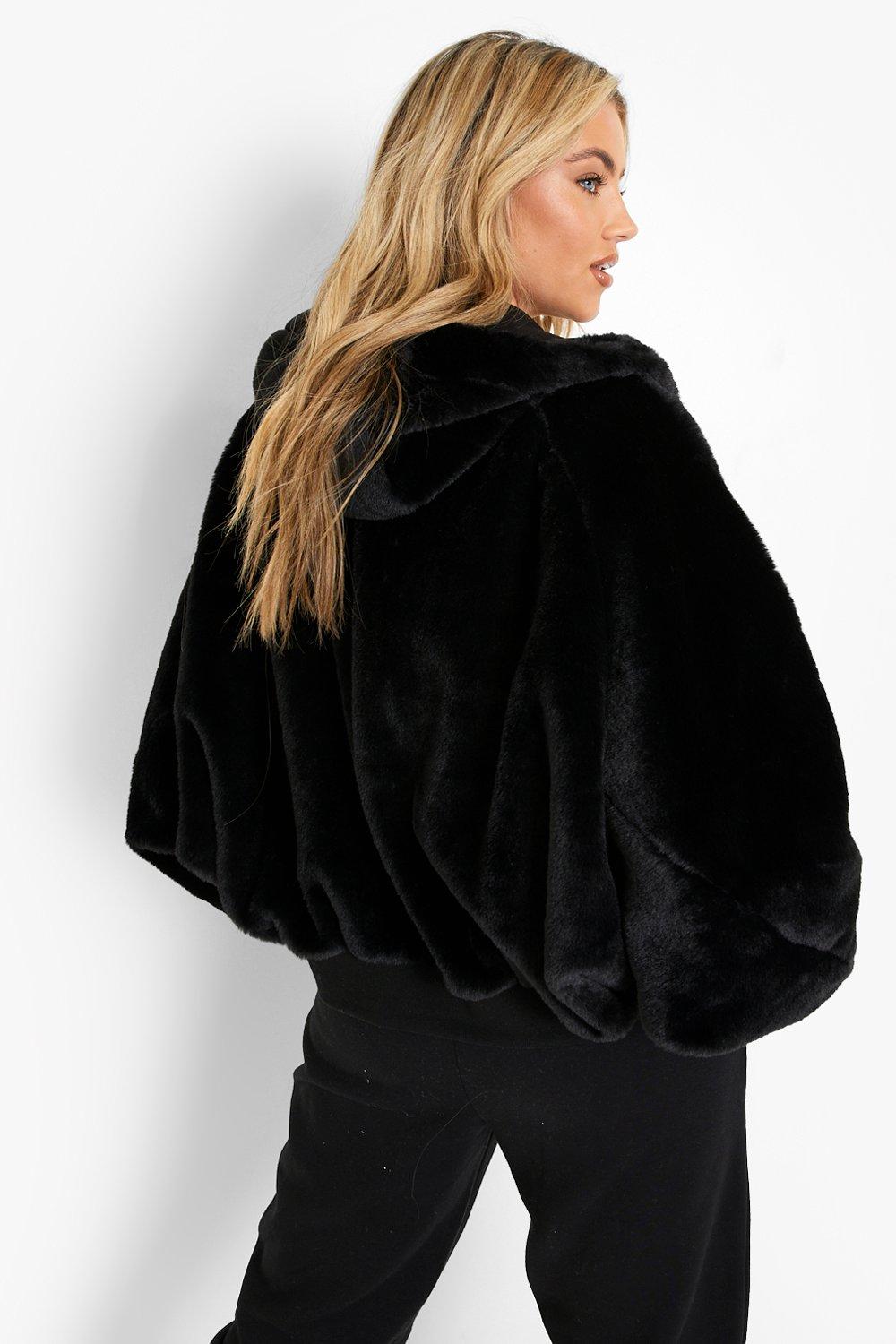 Black faux fur hooded bomber jacket online