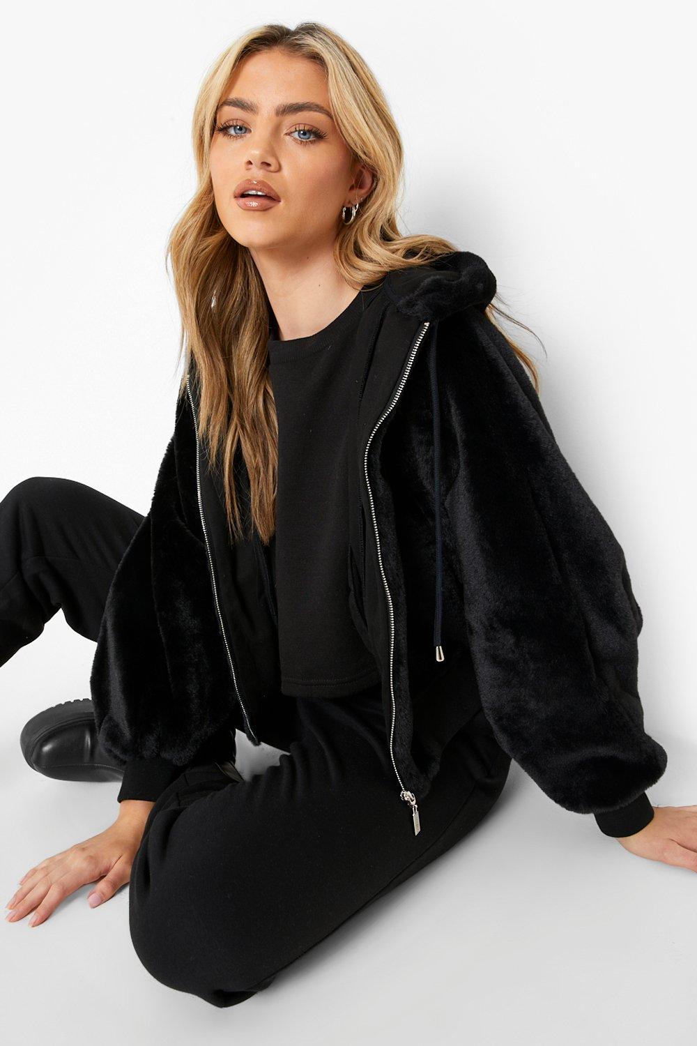 Faux Fur Oversized Hooded Bomber Jacket boohoo IE