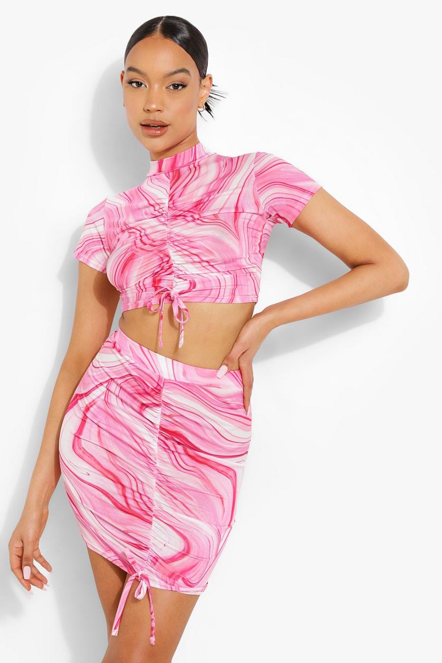 Pink Marble Print Ruched Crop & Skirt Set image number 1
