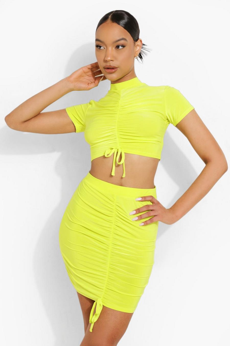 Lime Ruched Crop & Skirt Set image number 1