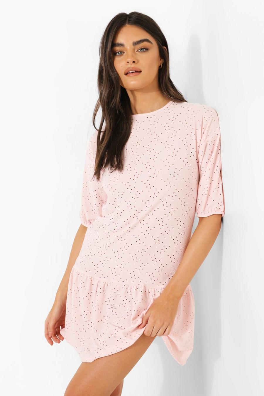 Broderie Smok-Kleid mit tiefem Saum, Baby pink image number 1