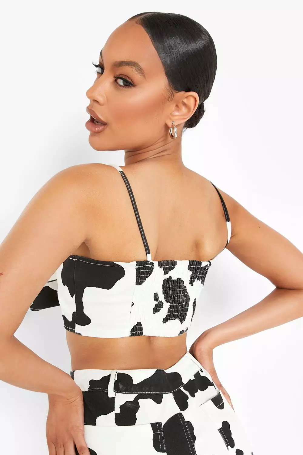 White Cow Print Denim Knot Front Crop Top alternative image