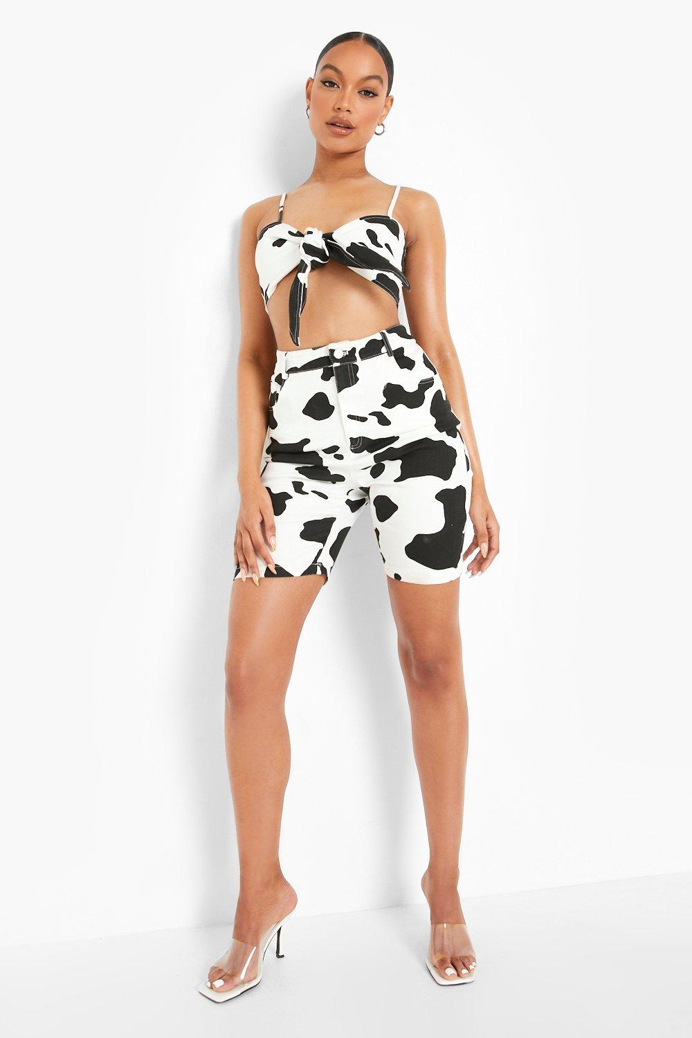 Boohoo cow print denim skirt sale