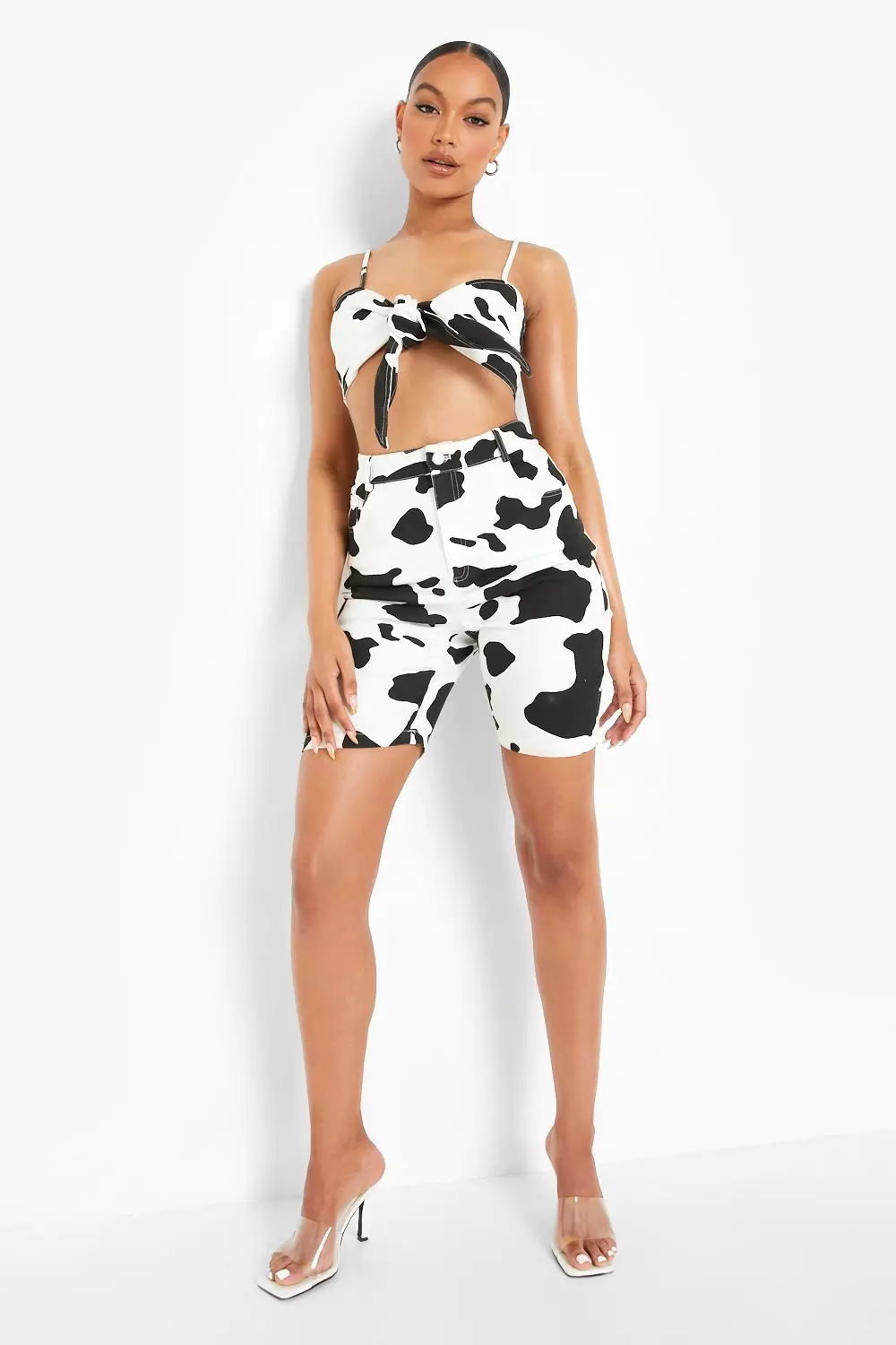 White Cow Print Denim Knot Front Crop Top alternative image