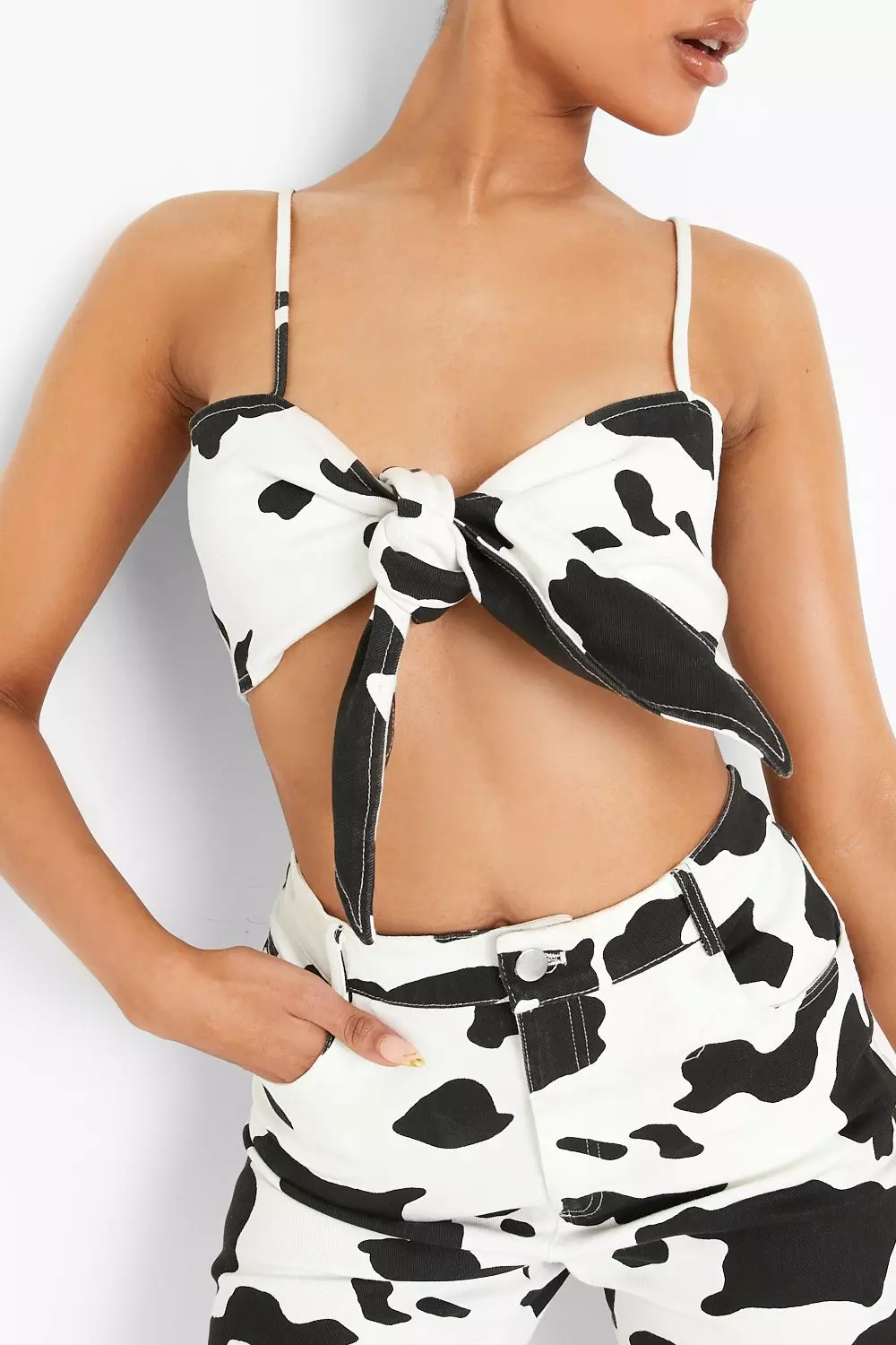 White Cow Print Denim Knot Front Crop Top alternative image