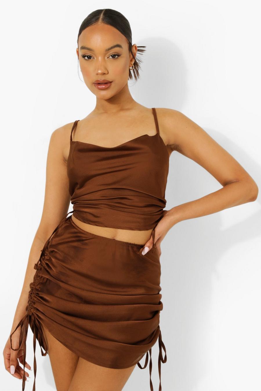 Chocolate Satin Ruched Crop & Midi Skirt image number 1