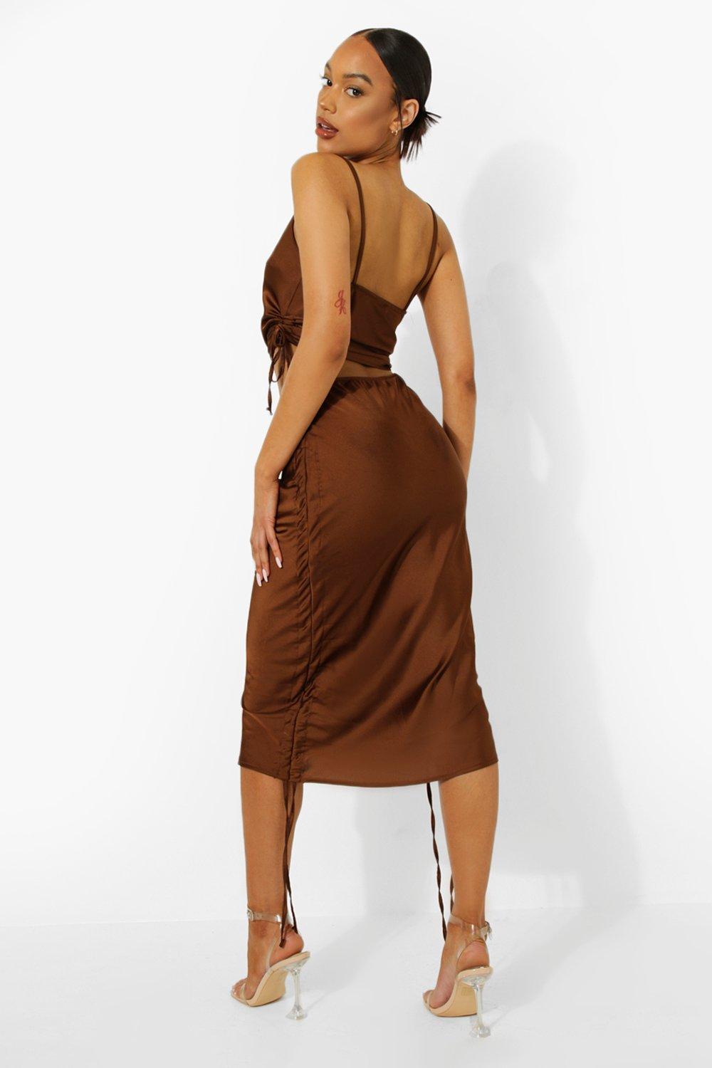 Chocolate satin midi outlet skirt