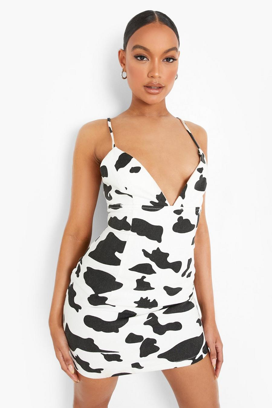 White Cow Print Cupped Denim Dress image number 1