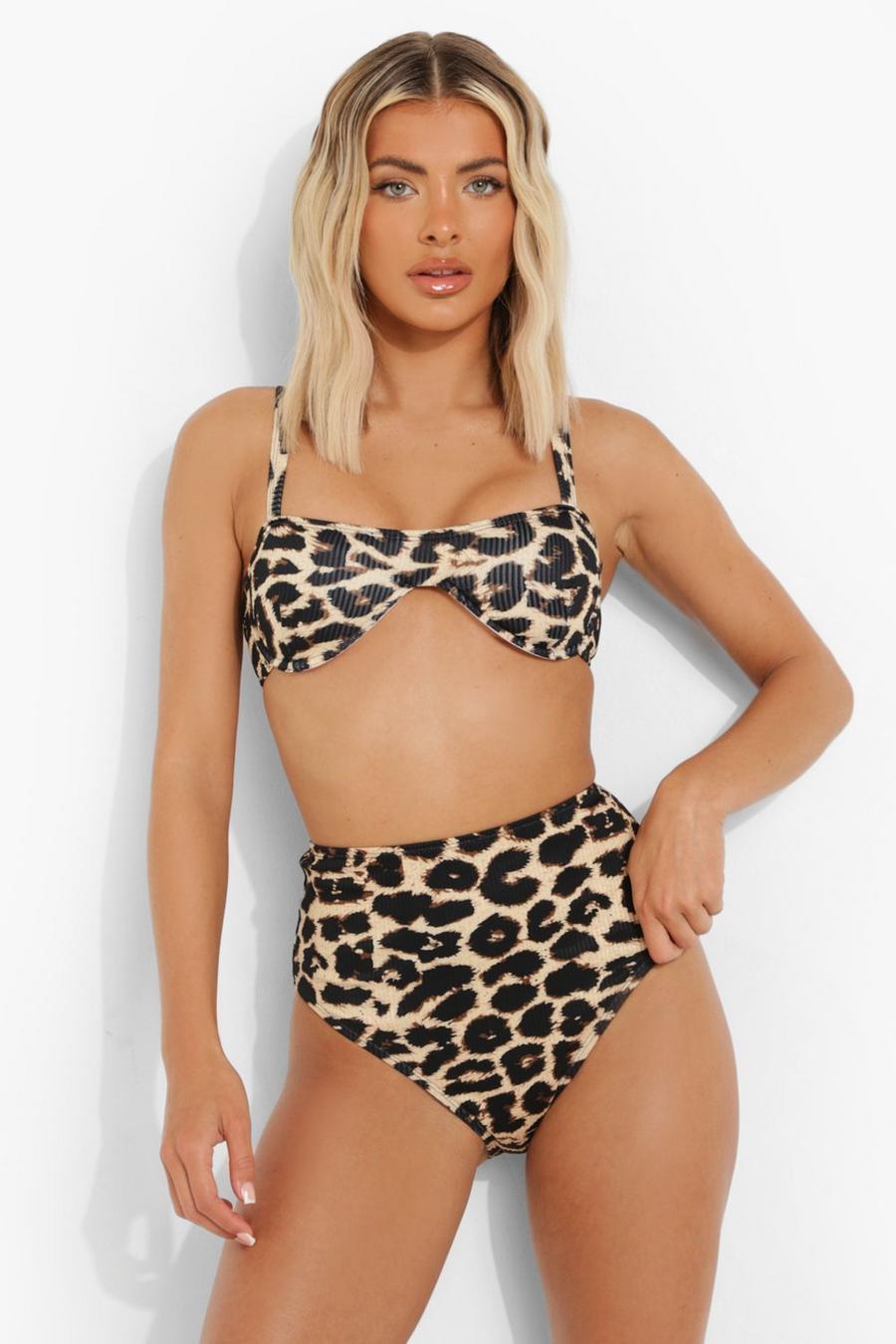 Brown Leopard Ribbed High Waist Bikini Brief image number 1