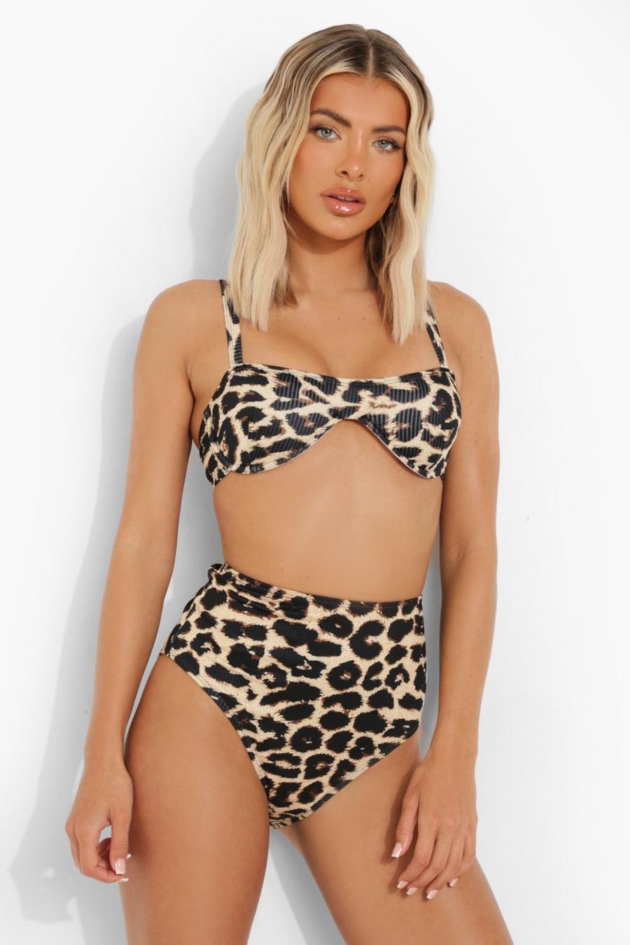 Geripptes Leopardenprint Bikinioberteil mit geradem Ausschnitt und Bügeln, Brown image number 1