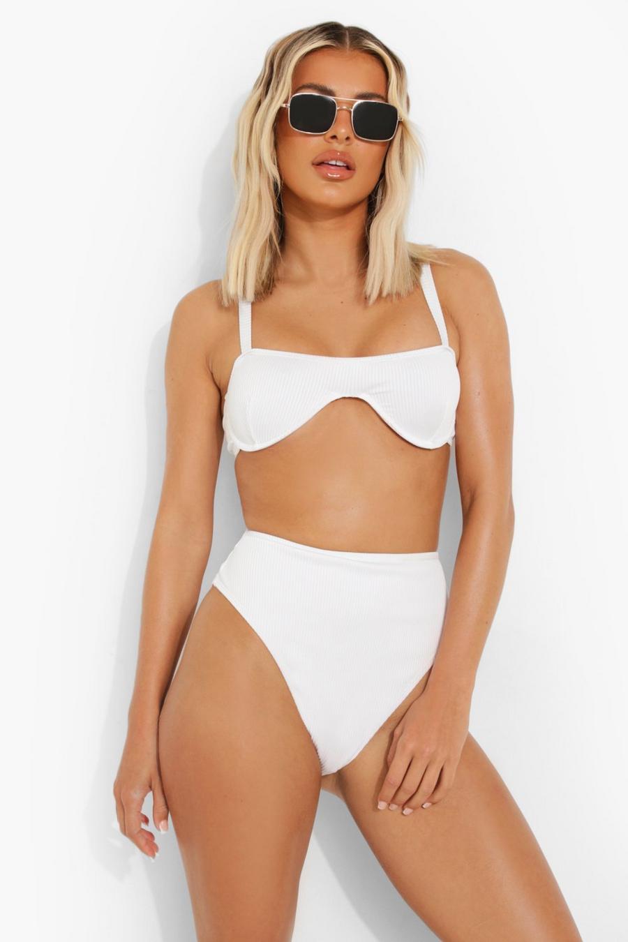 White Ribbed Square Neck Underwired Bikini Top image number 1