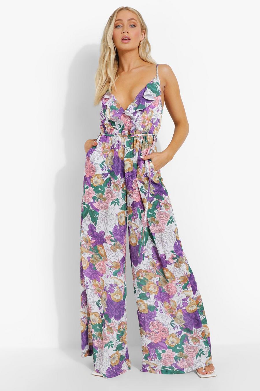 White Floral Strappy Ruffle Wide Leg Jumpsuit image number 1