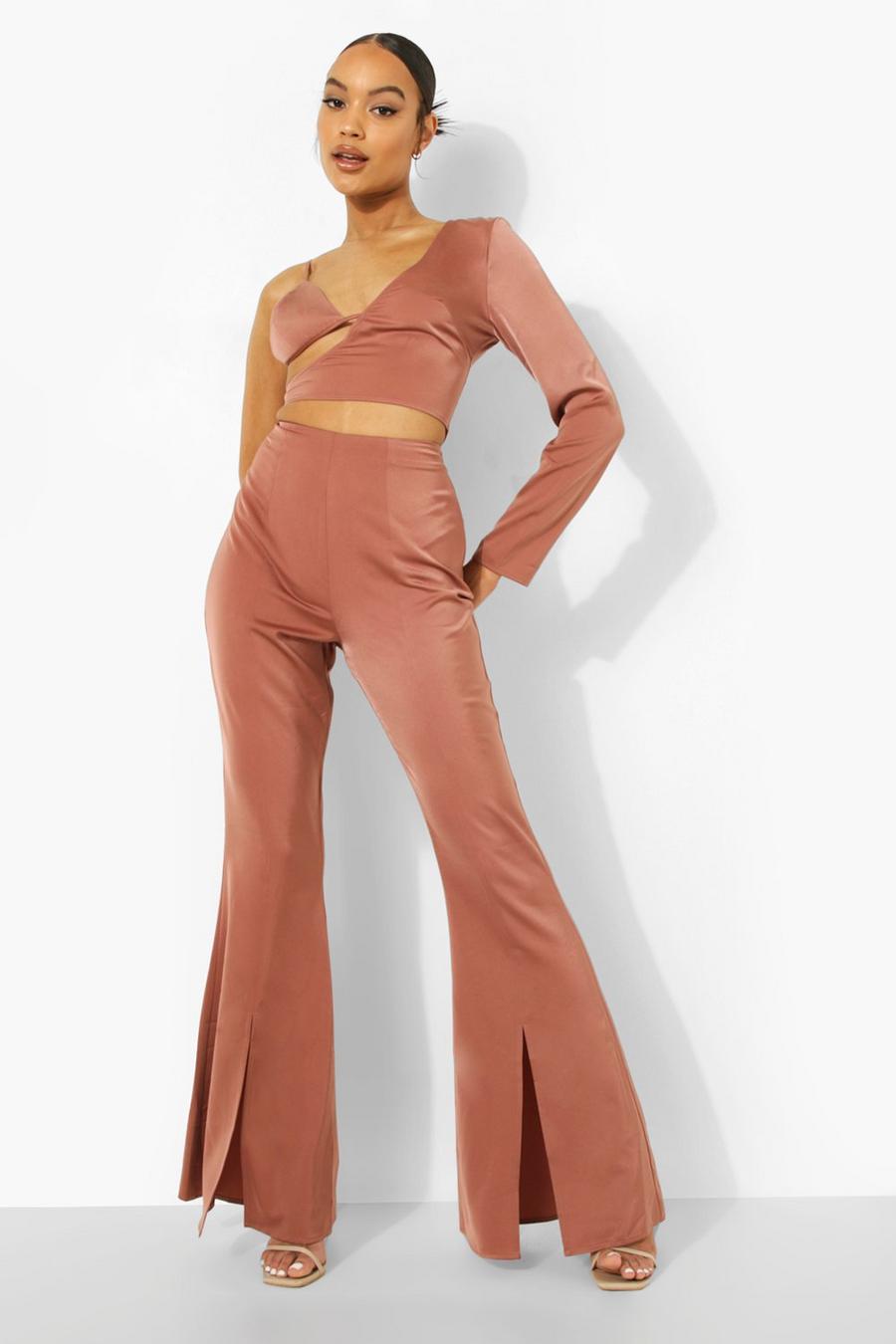 Chocolate Matte Satin Split Front Trousers image number 1