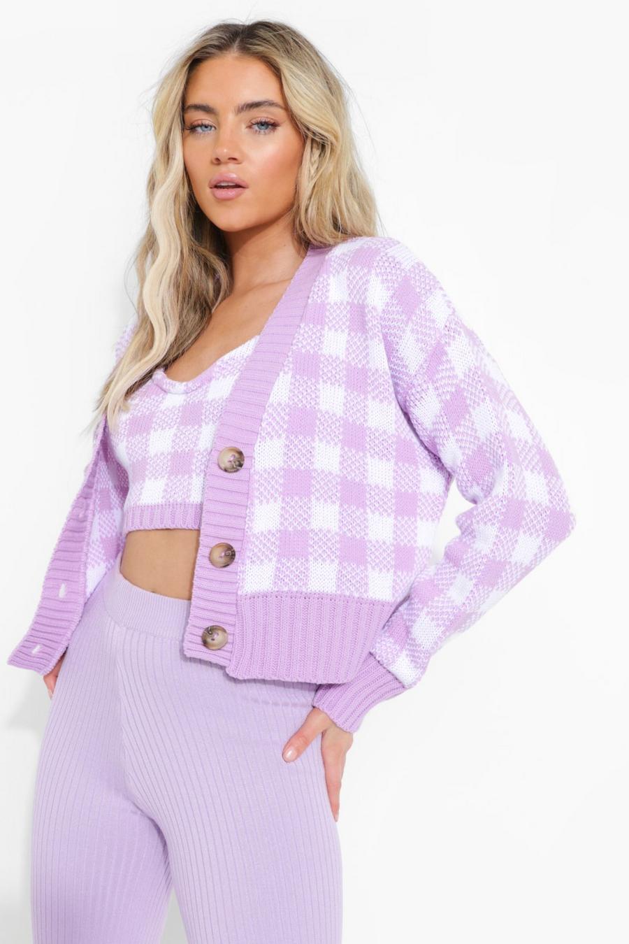 Gingham gestricktes Twinset Co-Ord, Lilac image number 1