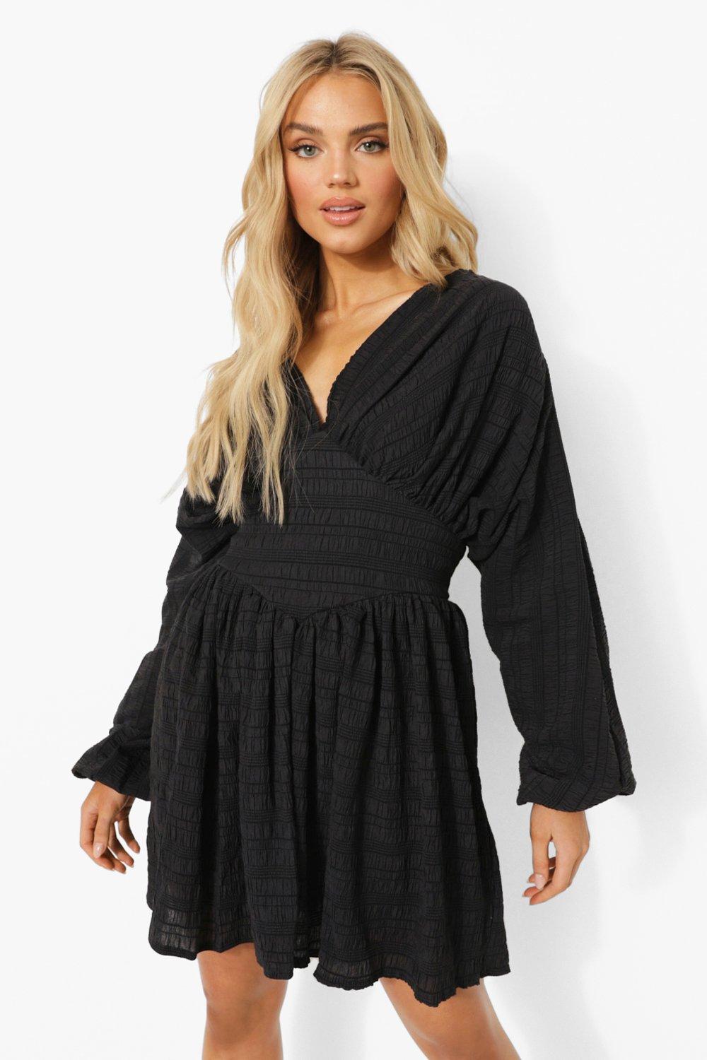 Plunge skater store dress with sleeves