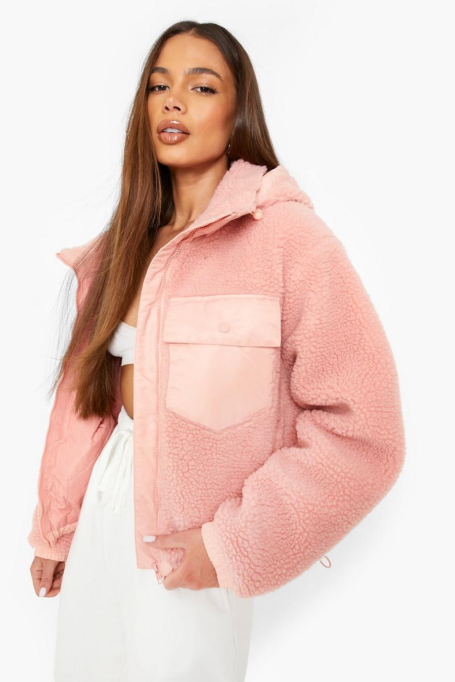 Rose pink Contrast Pocket Teddy Faux Fur Jacket image number 1