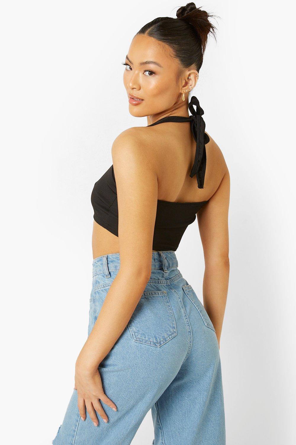 Black Halterneck Ribbed Crop Top