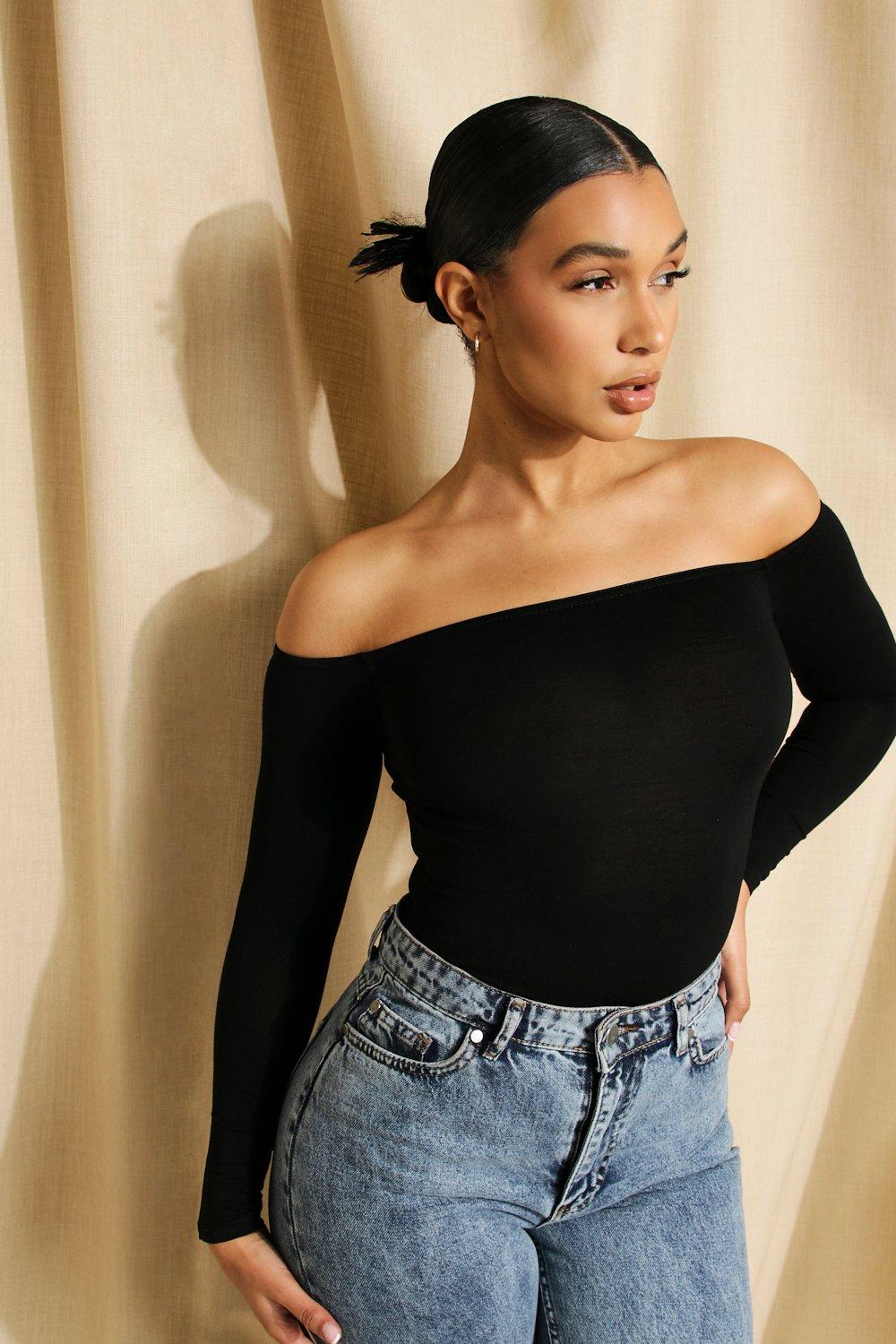 Off Shoulder Woman Bodysuit. Open Shoulder Bodysuit. Long Sleeve