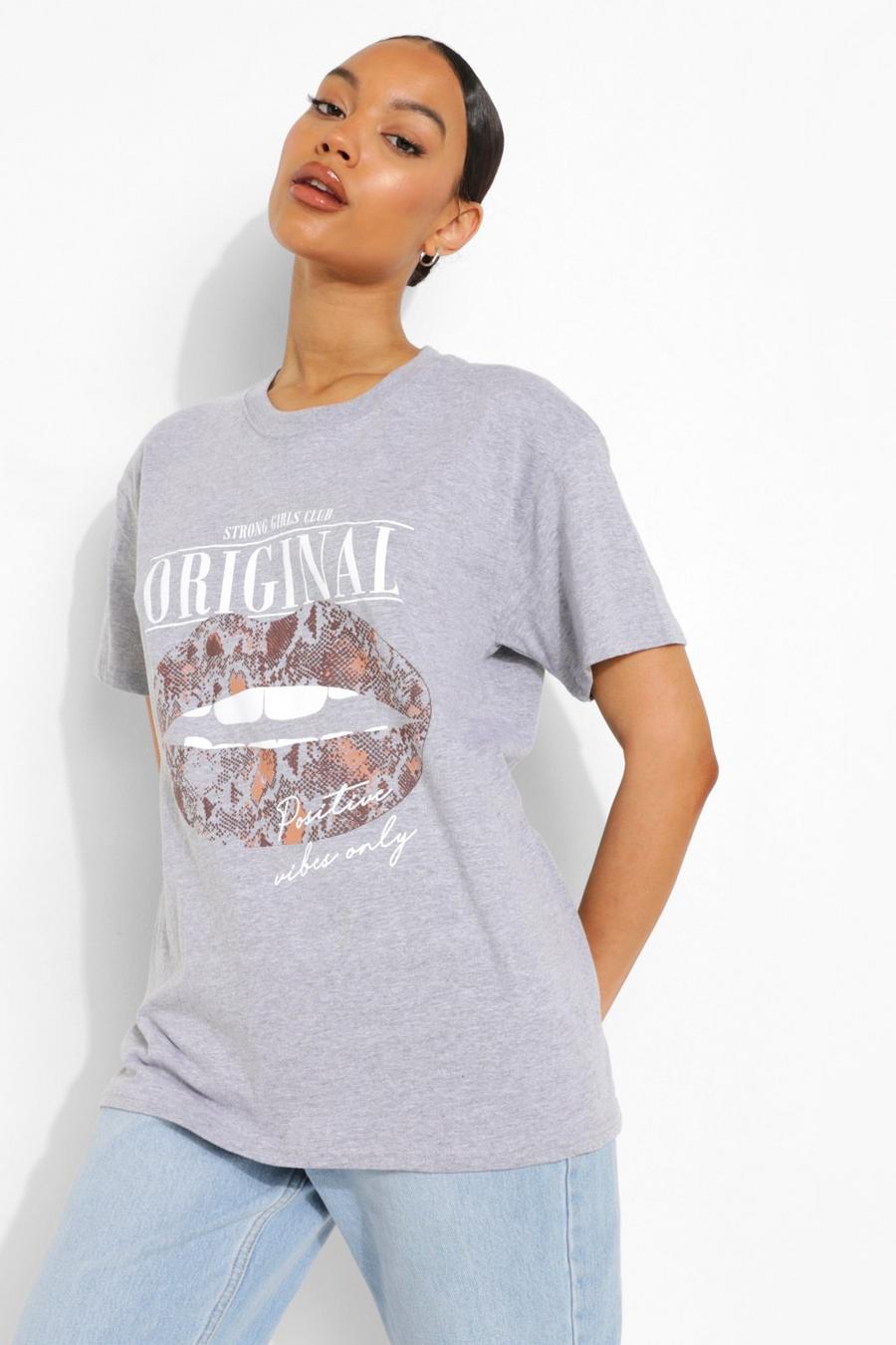 Übergroßes T-Shirt mit Lippen-Print, Grau meliert image number 1