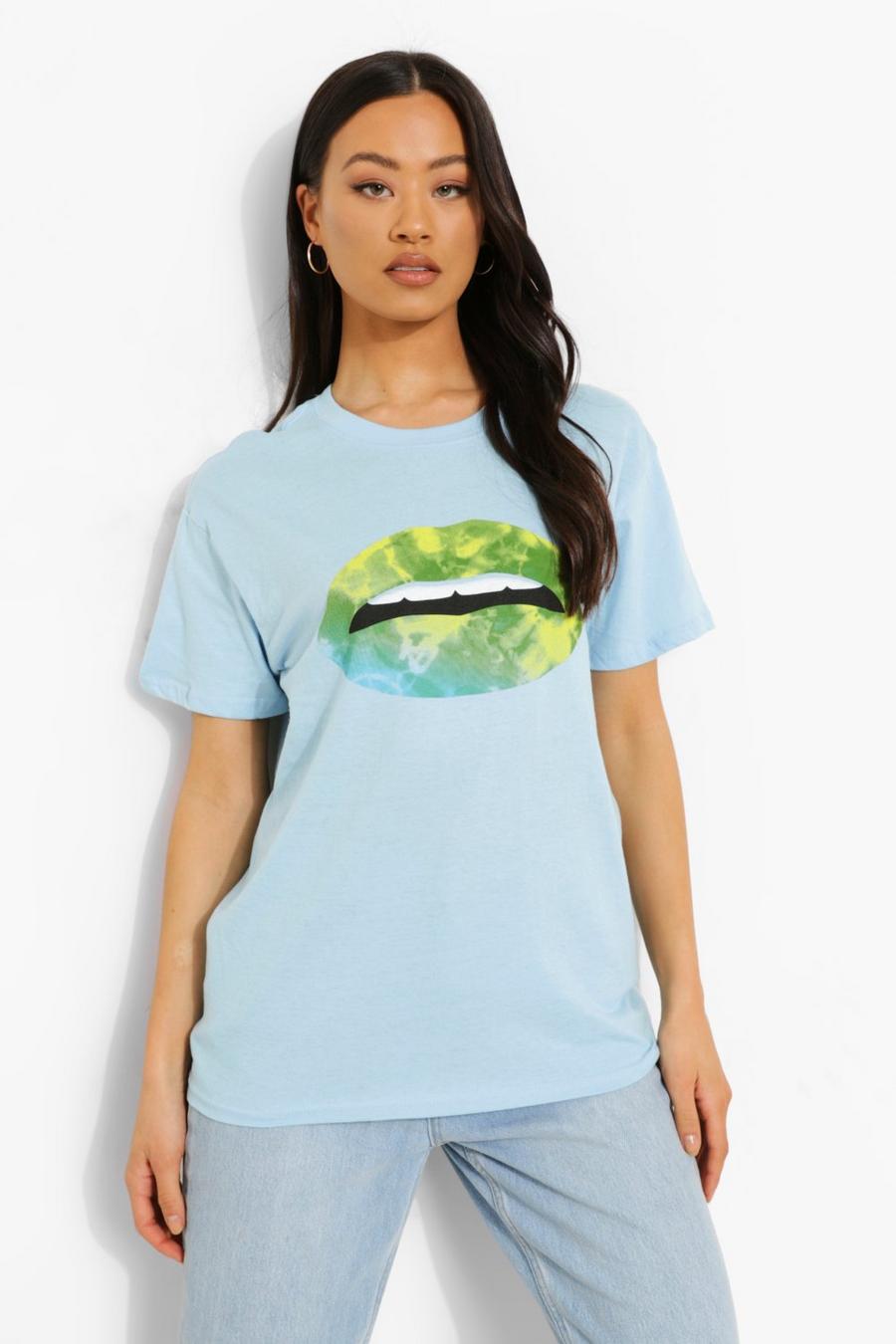 Übergroßes T-Shirt mit Lippen-Print, Hellblau image number 1