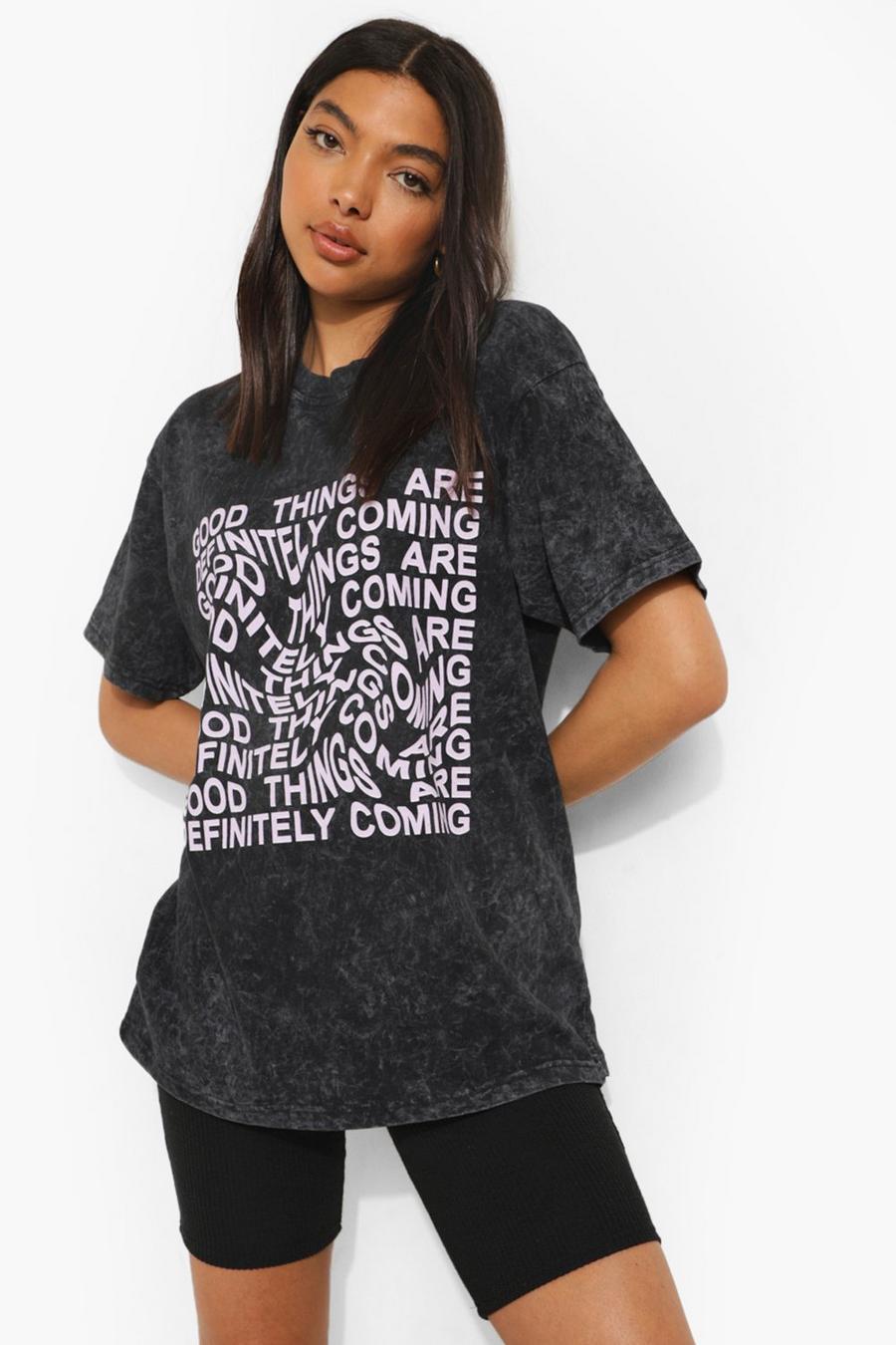 Charcoal Tall Oversized Acid Wash Gebleekt T-Shirt Met Tekst image number 1