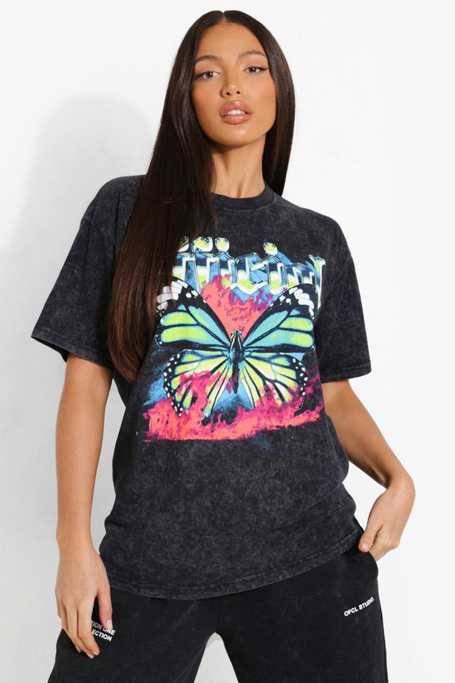 Charcoal Tall Oversized Acid Wash Butterfly T-shirt image number 1