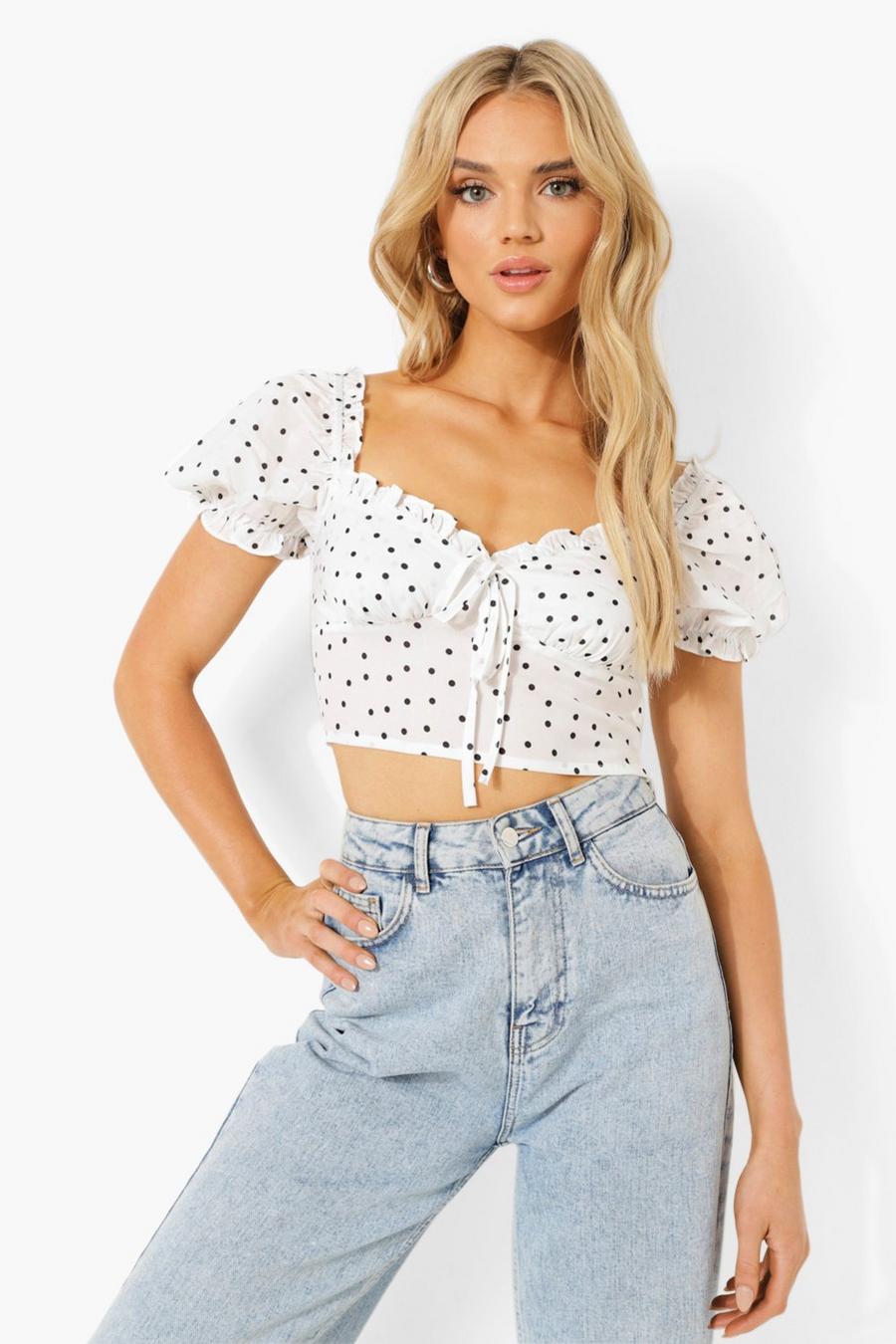 White Polka Dot Woven Puff Sleeve Crop Top image number 1
