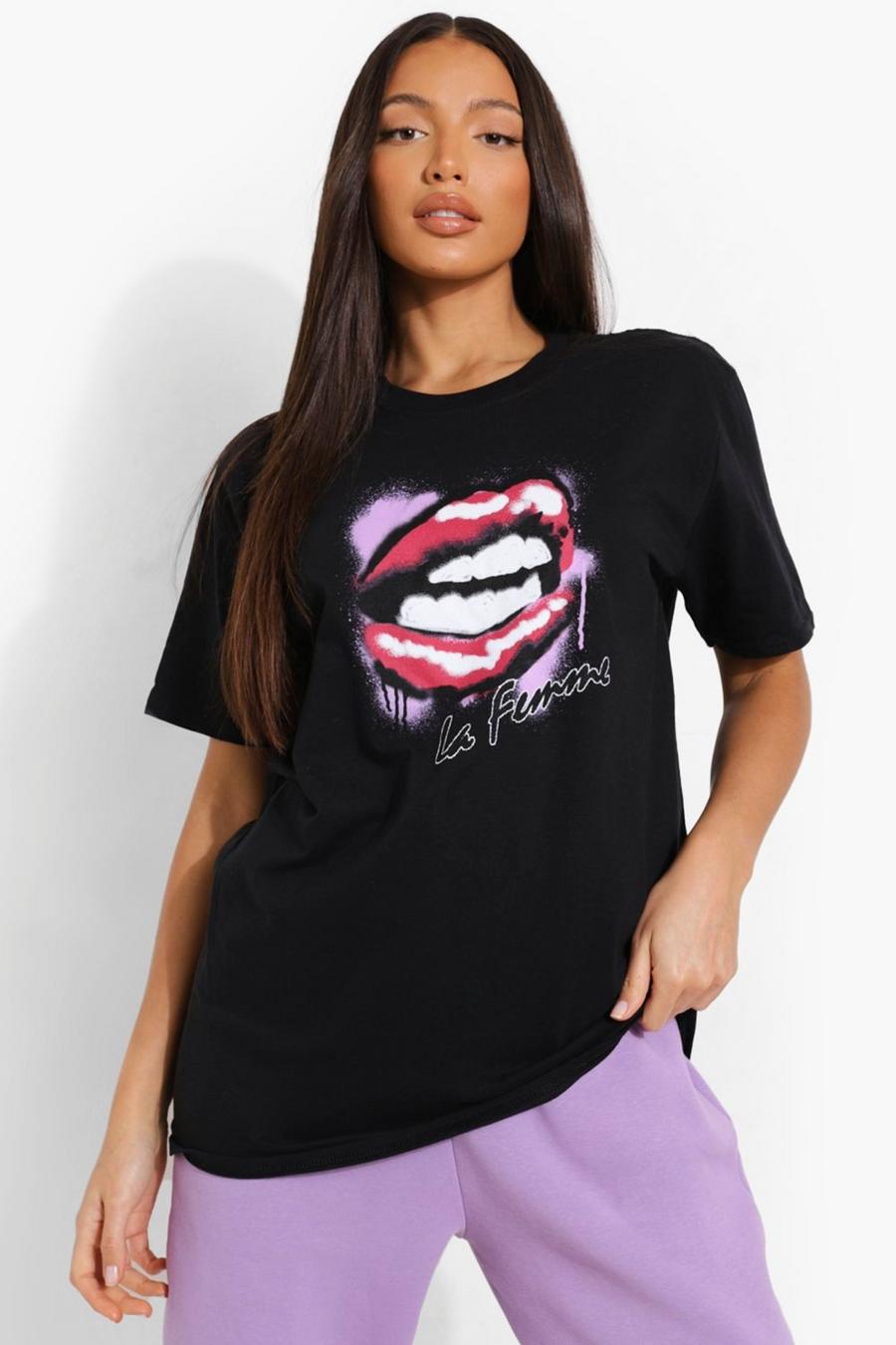 Tall - T-shirt oversize La Femme imprimé lèvres, Black image number 1