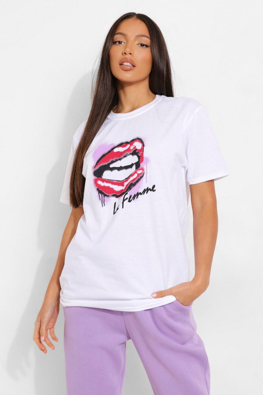 T-shirt Tall oversize con stampa di labbra e scritta La Femme, Bianco image number 1
