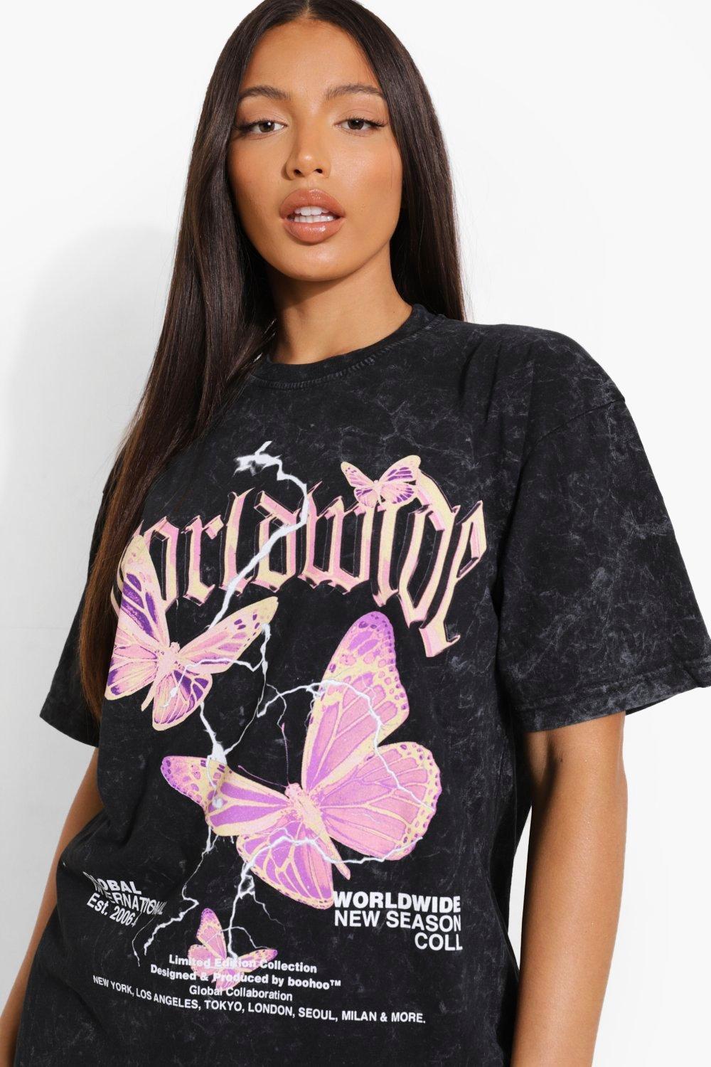 Tall Oversized Acid Wash Butterfly T shirt