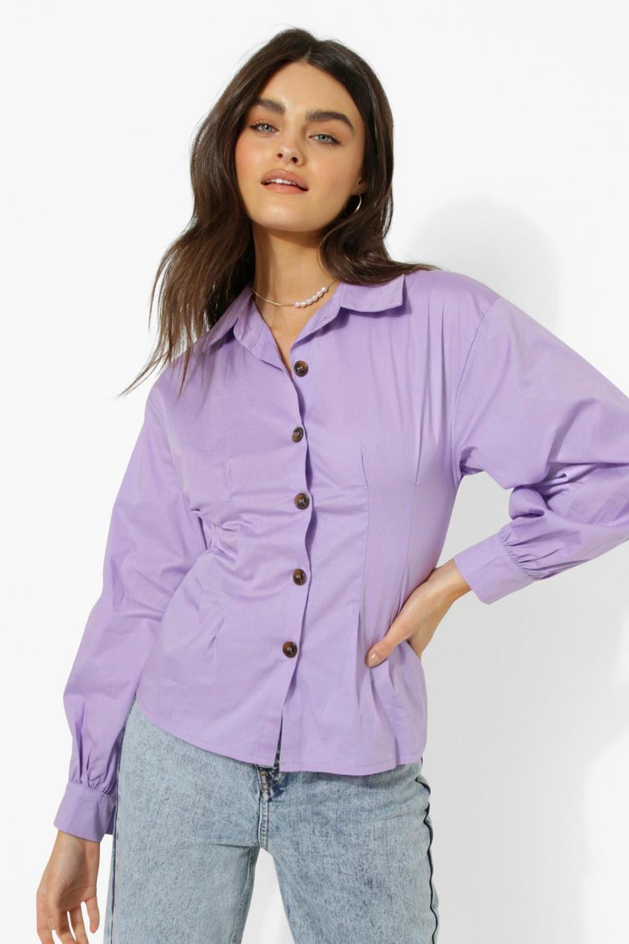 Lilac Puff Sleeve Corset Waist Shirt image number 1