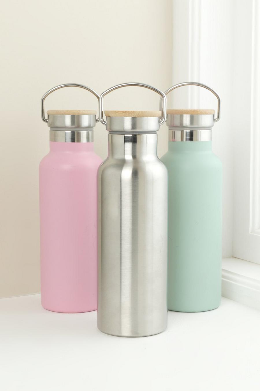 Silver Stainless Steel Water Bottle With Bamboo Lid image number 1