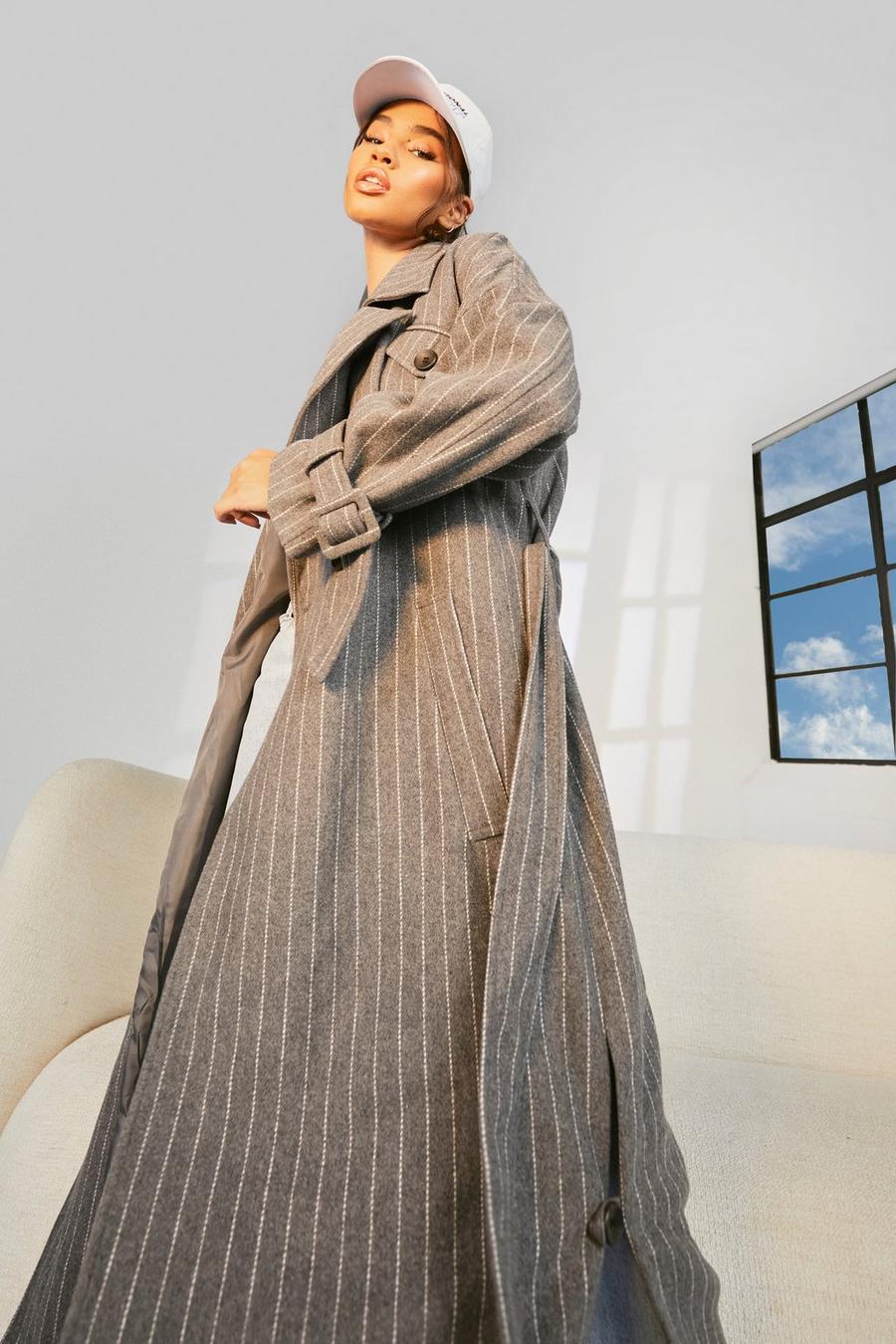 Grey Striped Wool Look Trench Coat image number 1