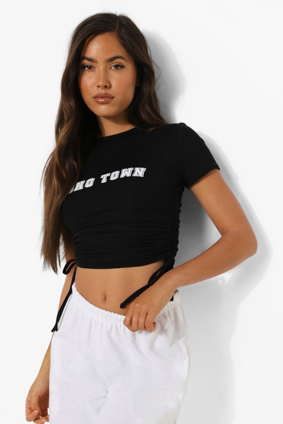 Black Soho Town Side Ruched Cropped T-shirt image number 1