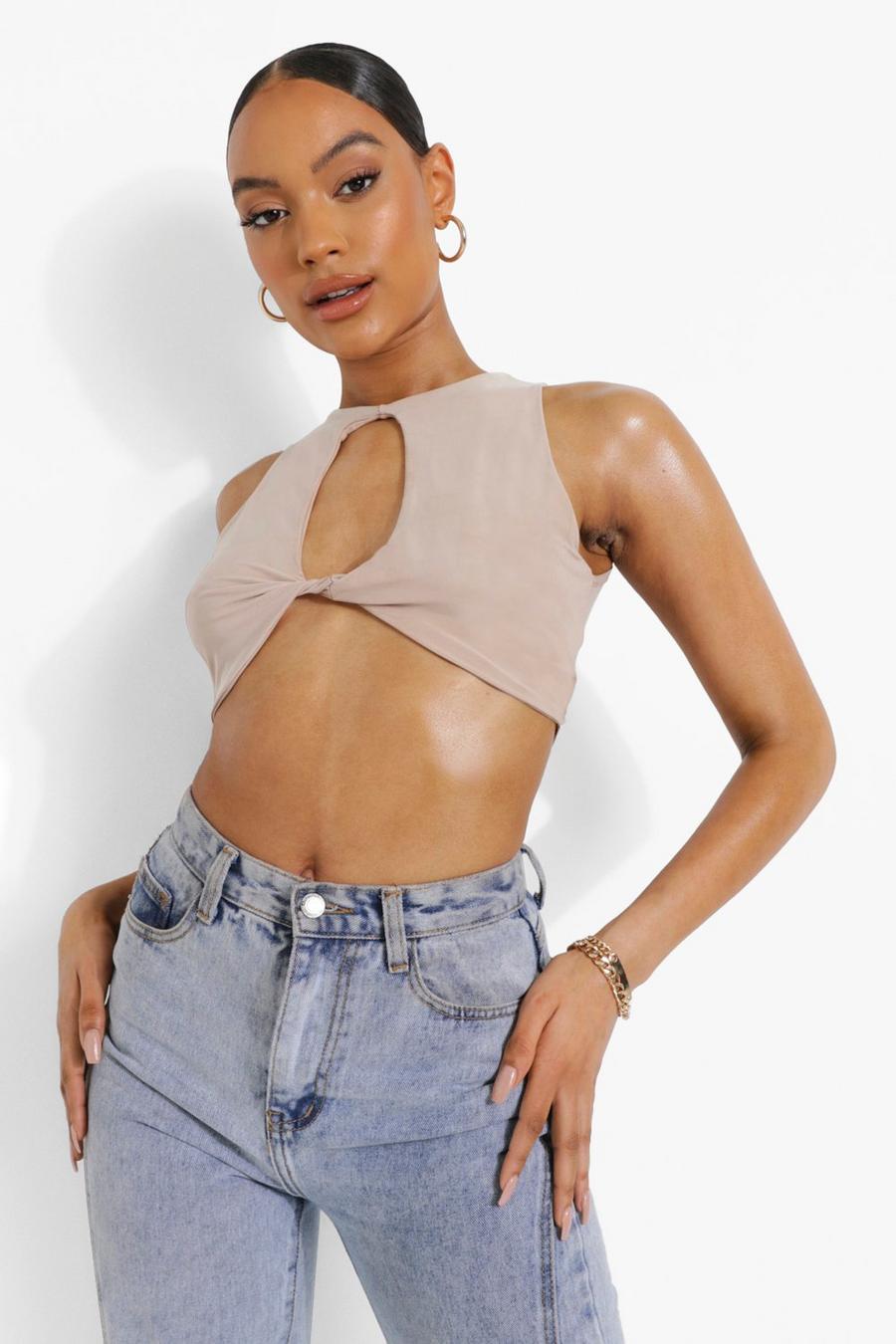 Camel Double Slinky Cut Out Crop Top image number 1