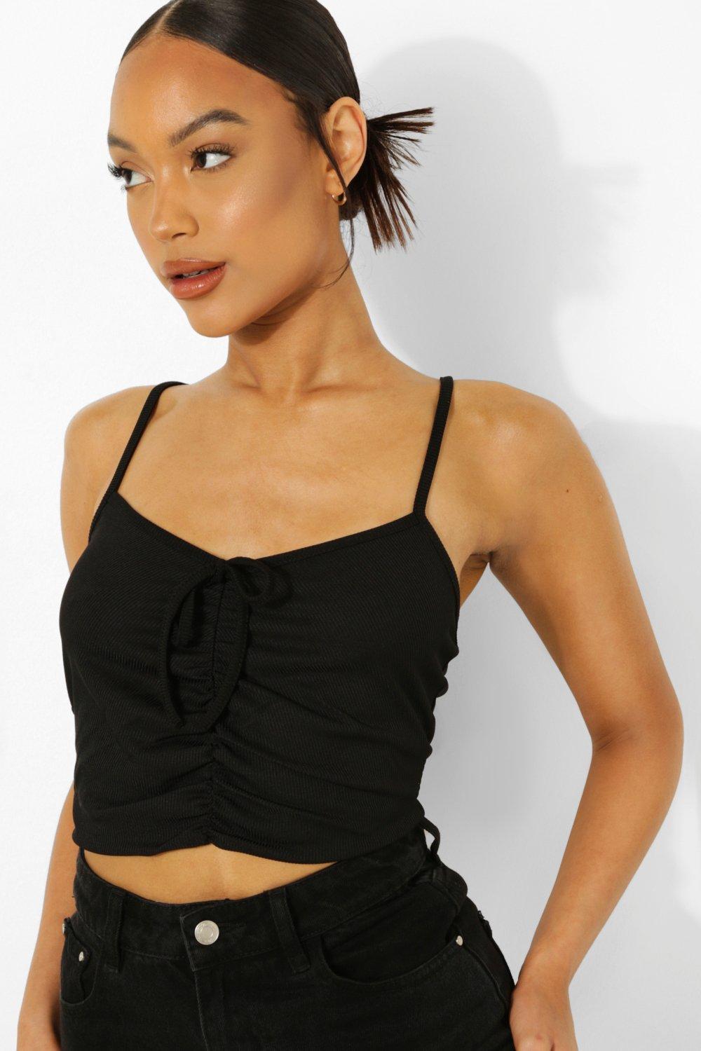 Black Ruched Front Strappy Crop Top