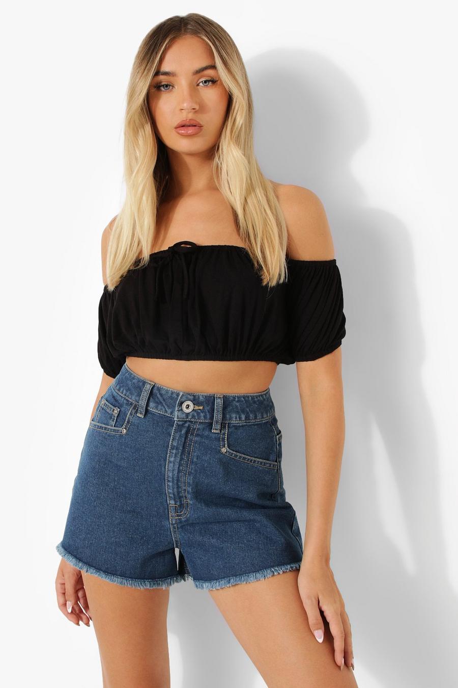 Black Off The Shoulder Tie Front Puff Sleeve Top image number 1