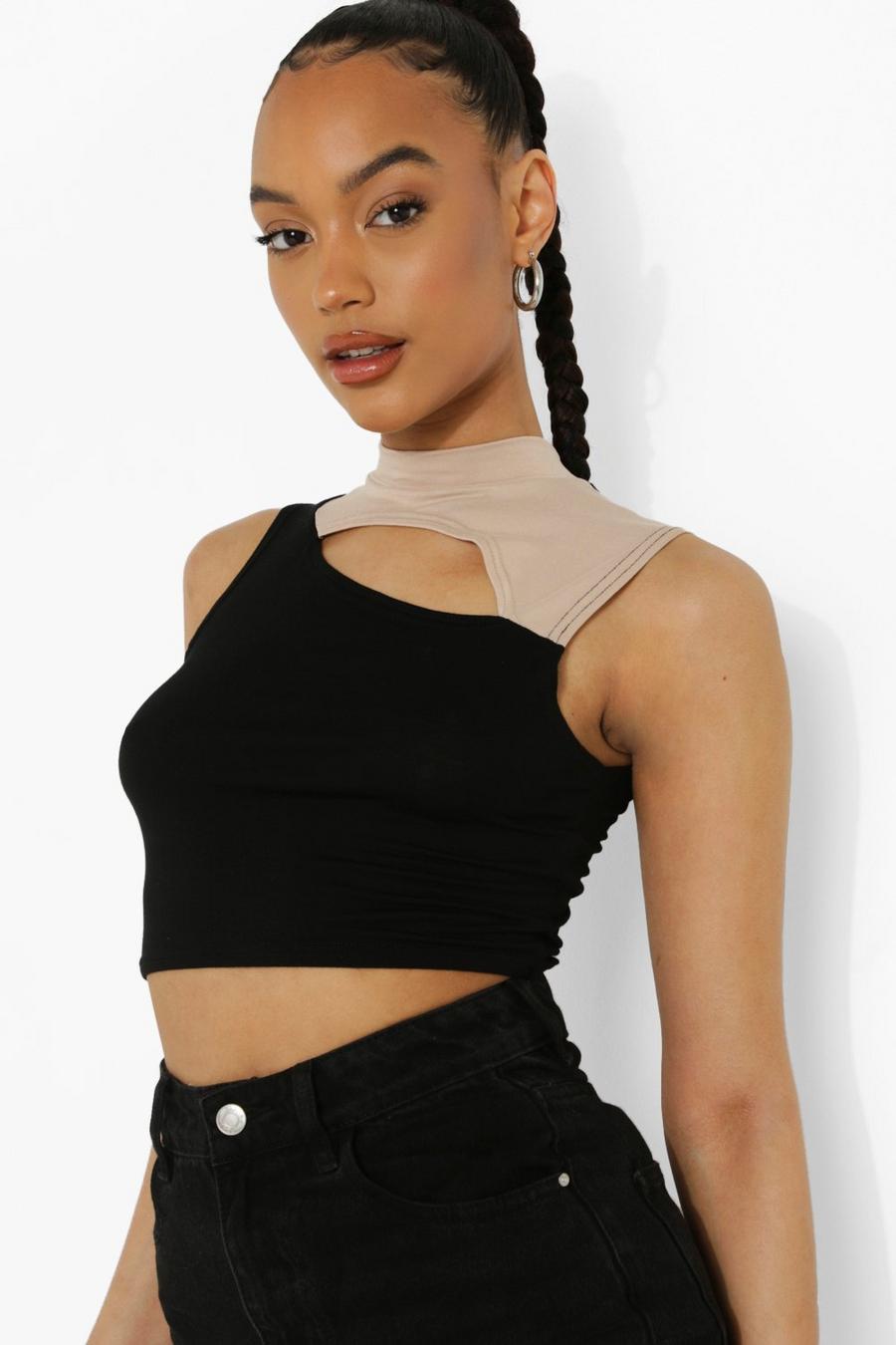 Black Cut Out Two Tone Sleeveless Crop Top image number 1